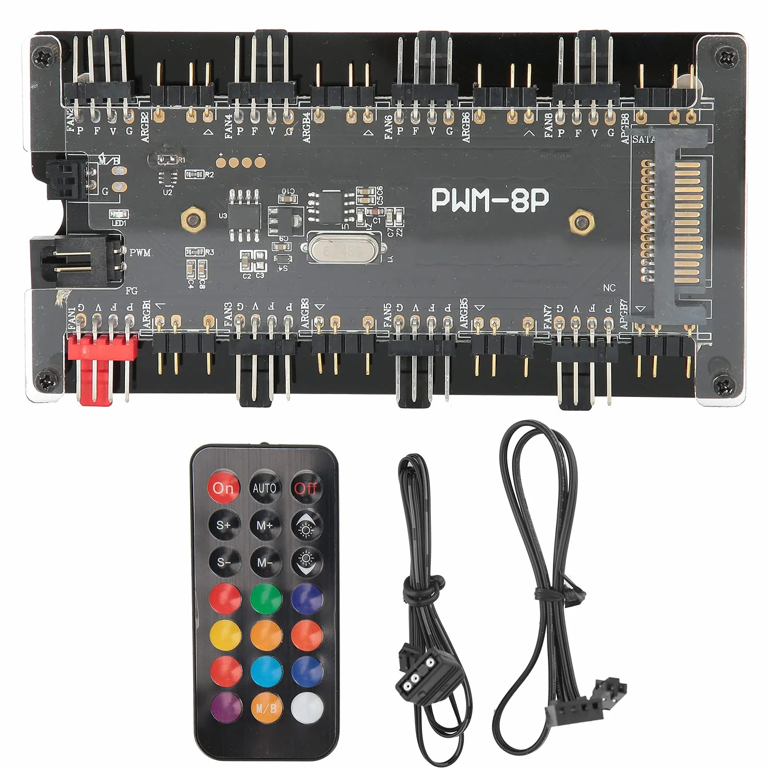 Socobeta Case Fan Hub PC Fan Controller ARGB PWM Hub 8-portowy 5V z 21-klawiszowym Pilotem do Zasilania Synchronizacja Płyty Głównej