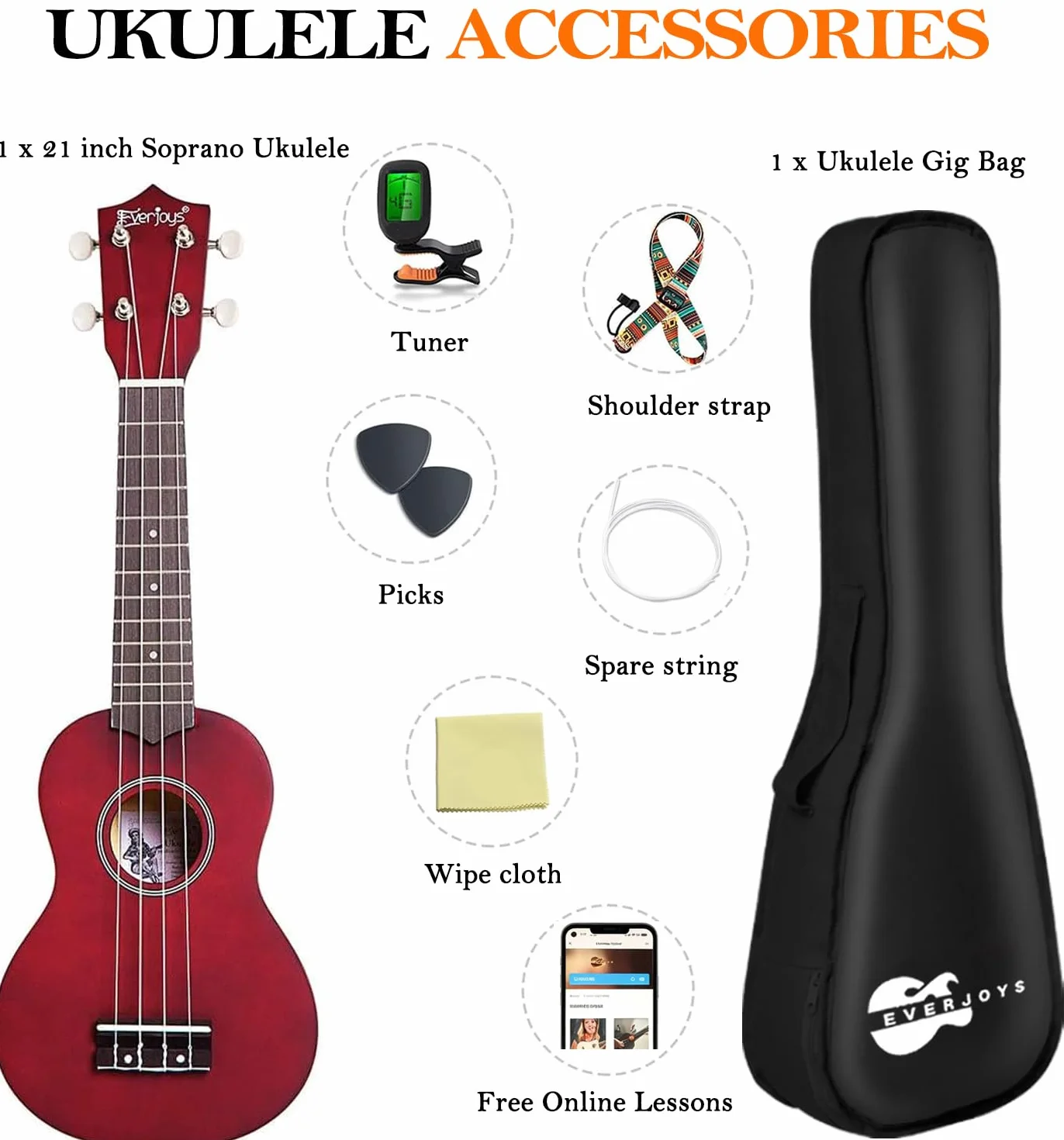 Everjoys Ukulele sopranowe, zestaw startowy dla dzieci i dorosłych, 21 cali, z torbą, tunerem, piosenkami, strunami, pickiem, mała gitara hawajska, mahoń