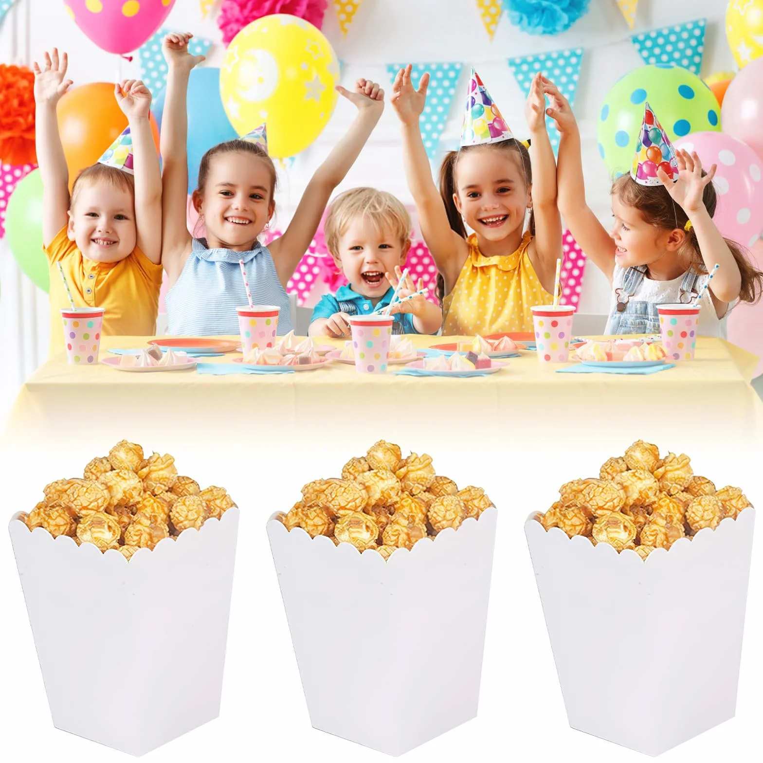 50 sztuk pudełek na popcorn, małe białe pudełka na popcorn, pojemniki na popcorn, torebki na popcorn, cukierki, do przechowywania przekąsek, popcornu i słodyczy w teatrach, kinach i karnawale
