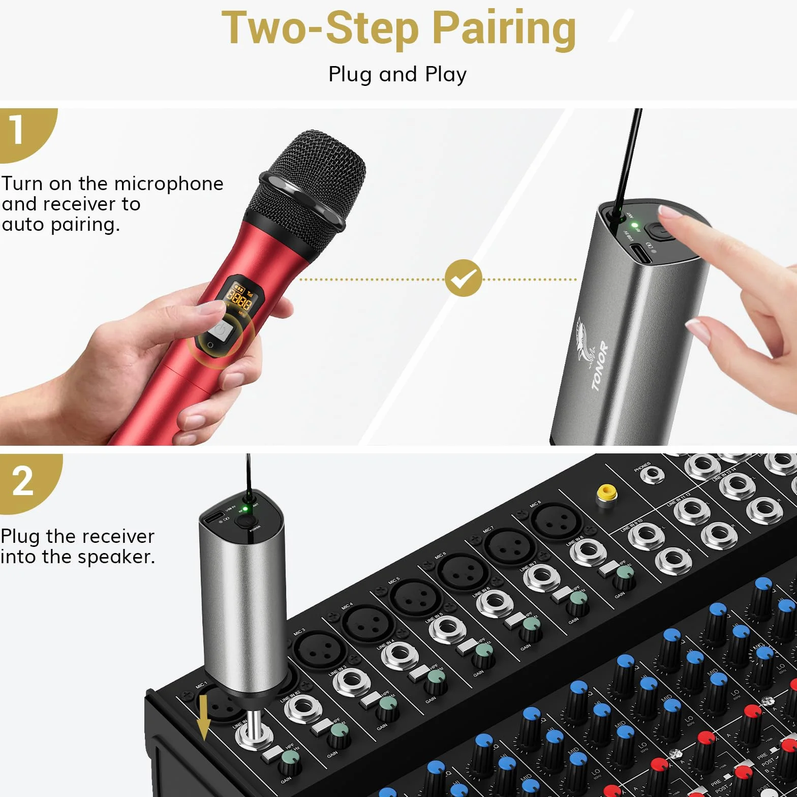 TONOR Mikrofon Bezprzewodowy, Podwójny Metalowy Mikrofon Dynamiczny UHF z Ladowalnym Odbiornikiem, do Spiewania Karaoke, Domowego KTV, Wesela, DJ-a, Imprezy, 60 m (TW630), Srebrny-Czerwony