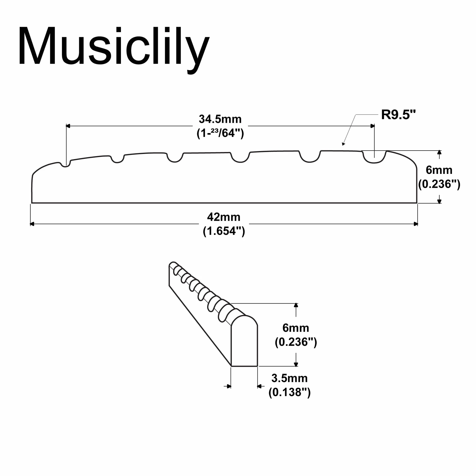 Musiclily Basic Siodełko Gitarowe Mosiężna Nut do 6-strunowej Gitary Elektrycznej Stratocaster Telecaster 42x3,5x6mm