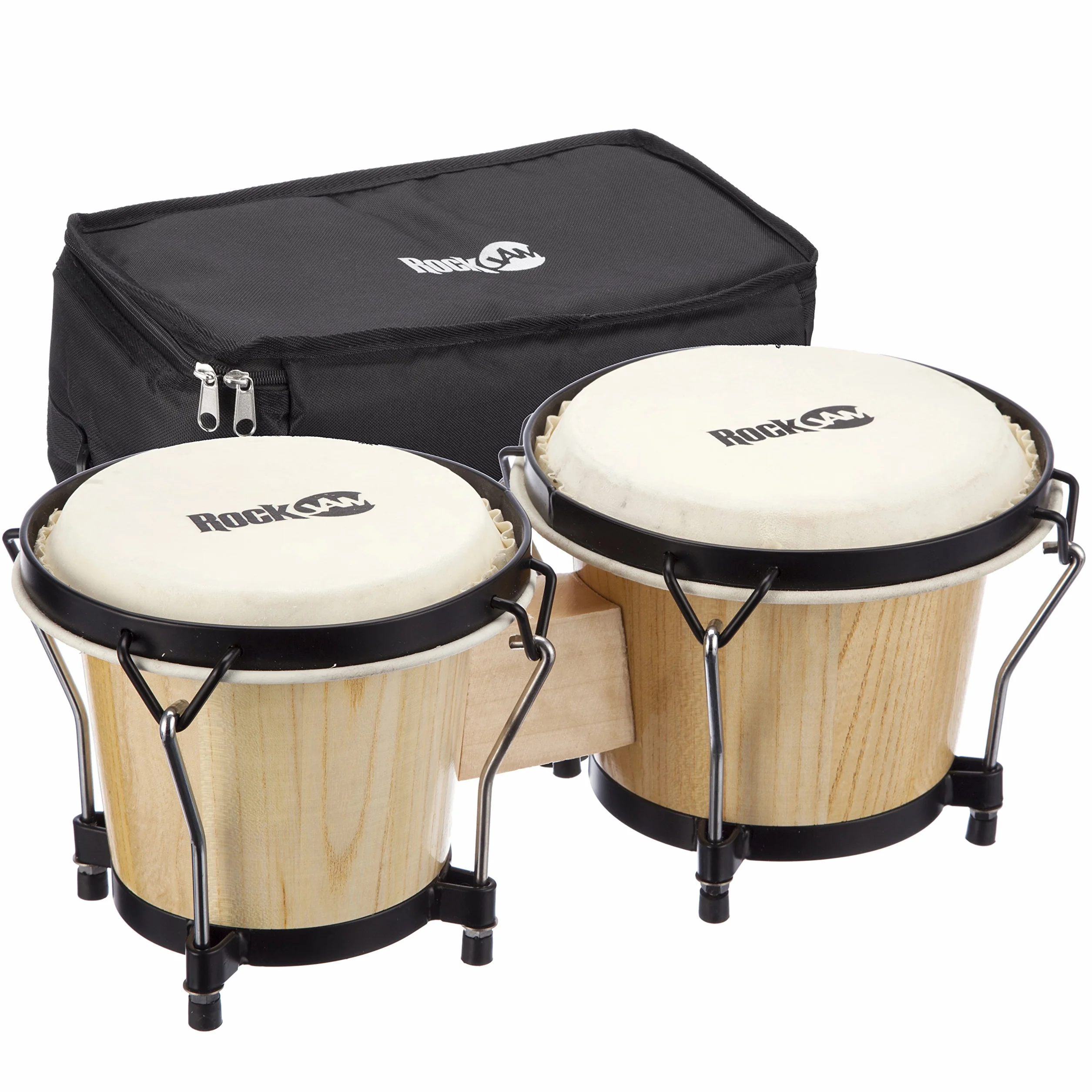 RockJam RJ-100300 zestaw bongo 17.8 cm i 20.3 cm z wyściełaną torbą i kluczem tuningowym naturalny
