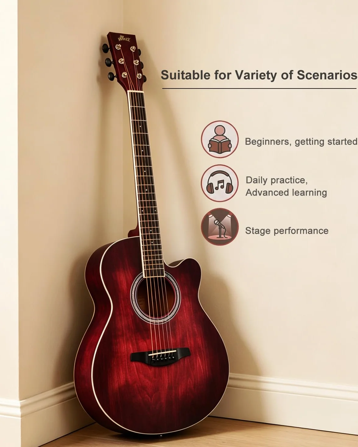 Winzz gitara akustyczna ze stalową struną, początkujący, dla dorosłych, dla uczniów, elegancka, unikalny wzór kolorów, 100 cm, czerwona