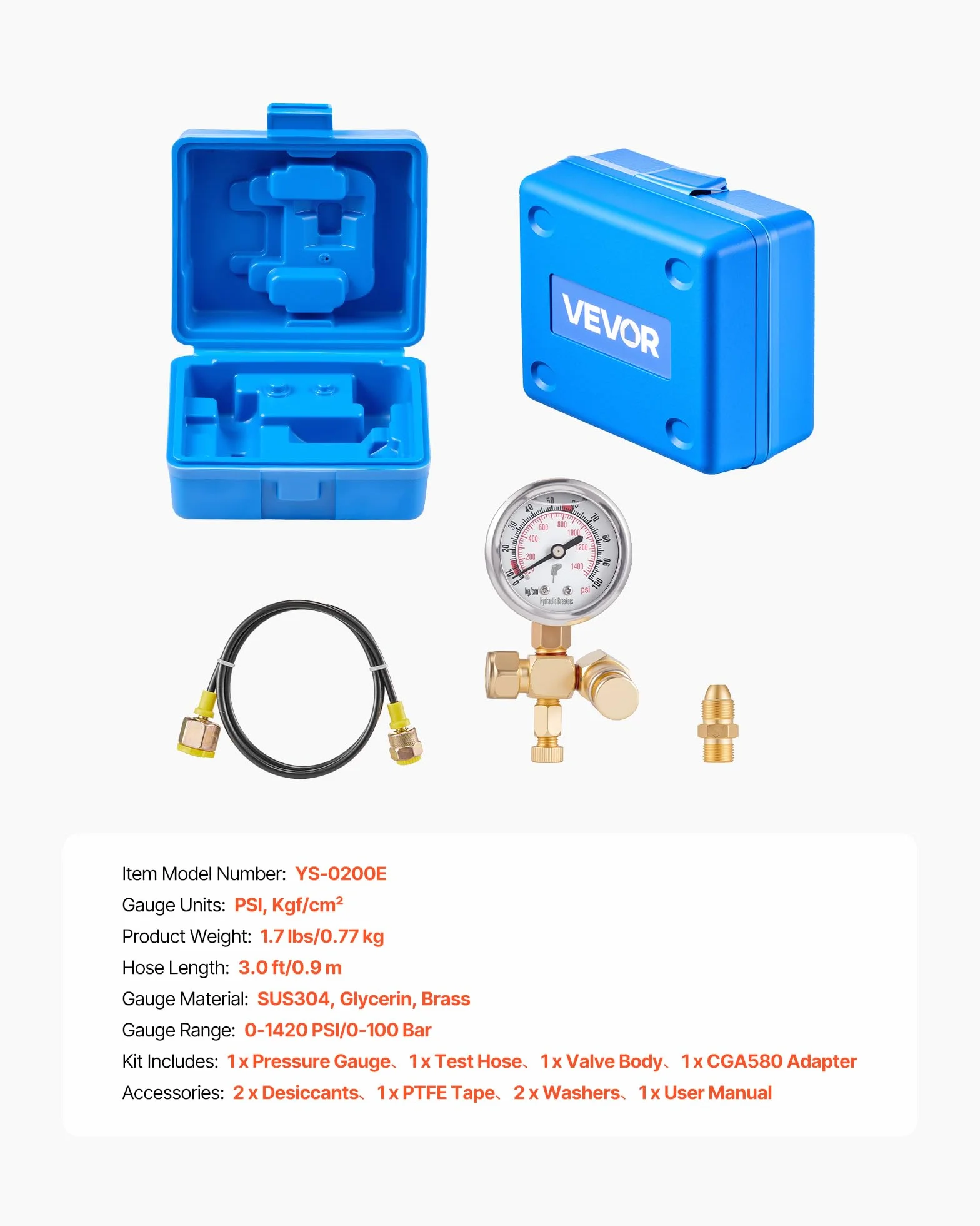 VEVOR Hydrauliczny zestaw do ładowania akumulatora azotu, zestaw do napełniania 0-100 bar, system testowania ciśnienia z 1 manometrem, 1 wężem gazowym, 1 korpusem zaworu i 1 adapterem