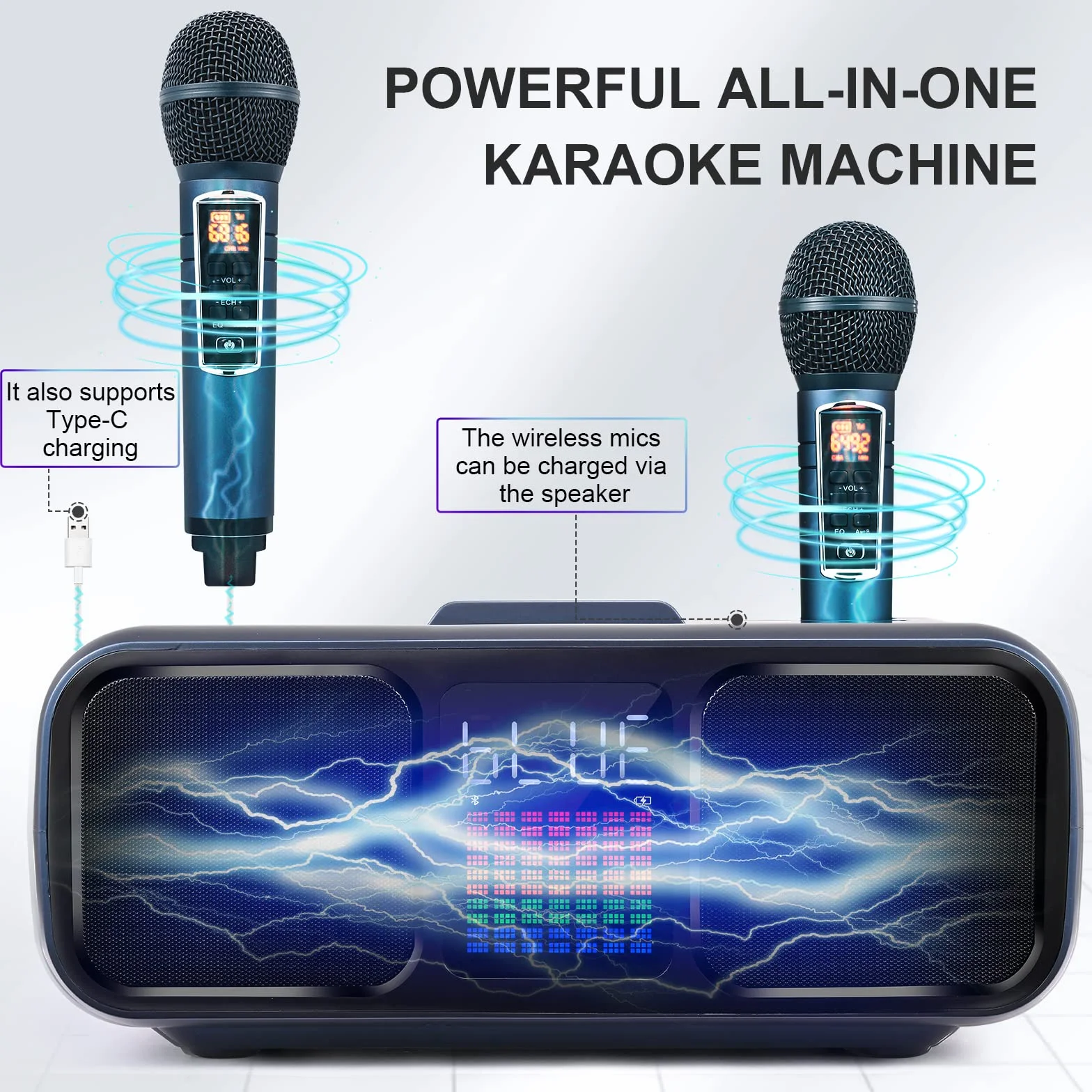 Máquina de Karaoke z Bluetooth, Equipo de Karaoke Portátil z 2 Mikrofonami Inalámbricos, systemem PA i Modo de Canción de Karaoke para Fiestas en Casa, Bodas, piknik, C