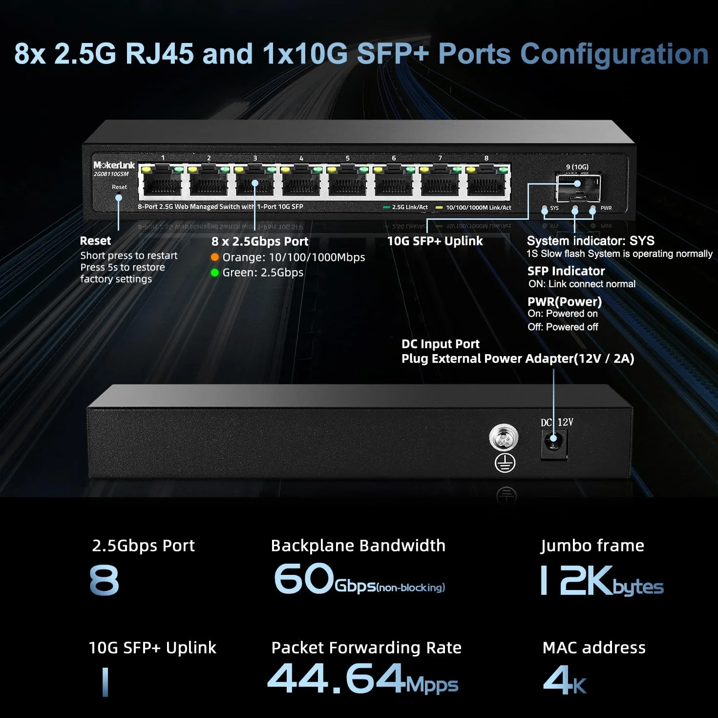 mokerlink 8 portów 2,5G Manged Ethernet Switch z 10G SFP, 8 portów 2,5G Base-T kompatybilnych z 10/100/1000 Mb/s, zarządzany przełącznik sieciowy bez wentylatora przez metalowy sieć