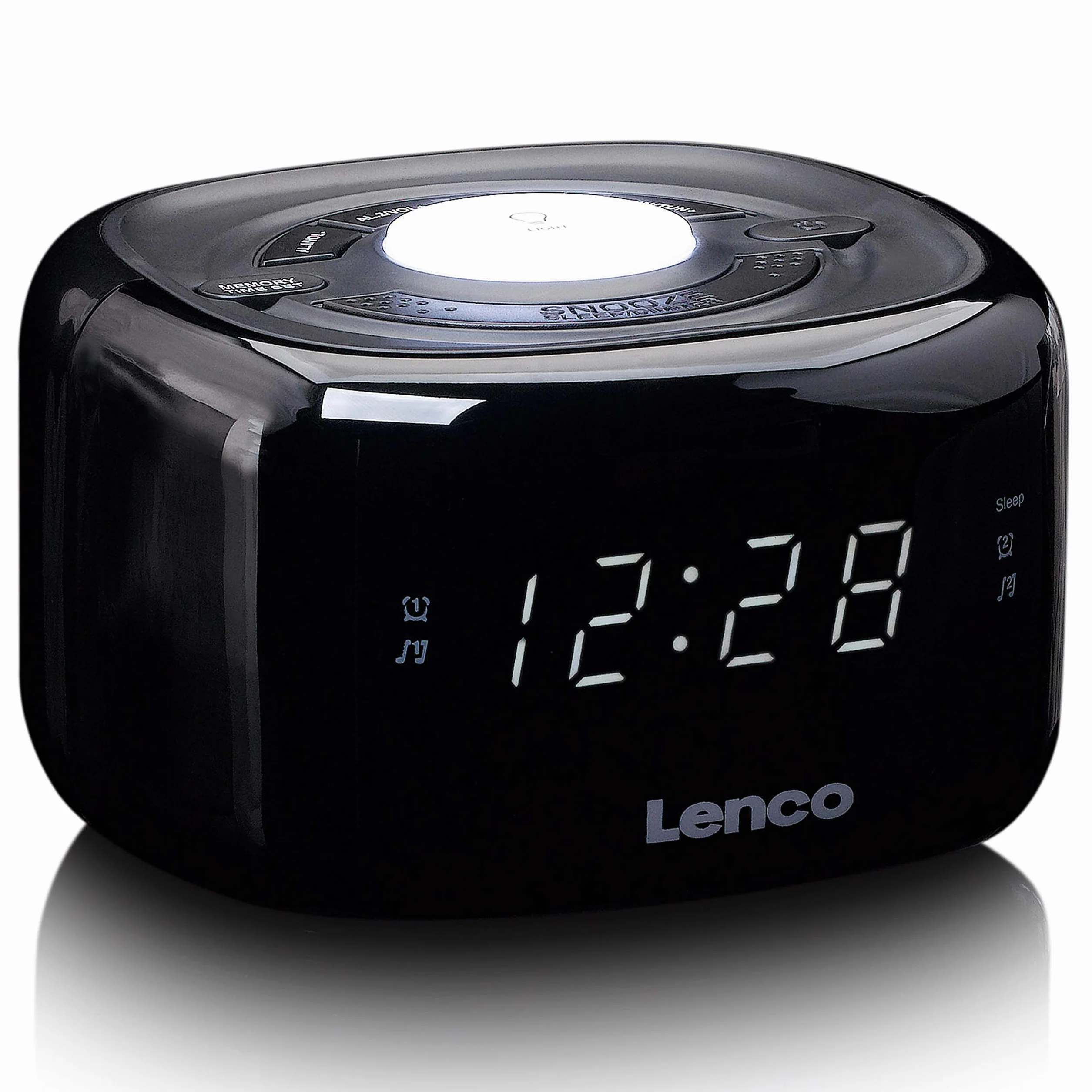 Lenco CR-12 radio zegarowe – budzik z funkcją światła nocnego – Easy Snooze – timer uśpienia – dwa czasy budzenia – 20 stacji – regulowana regulacja jasności – czarny, 117 x 117 x 71 mm