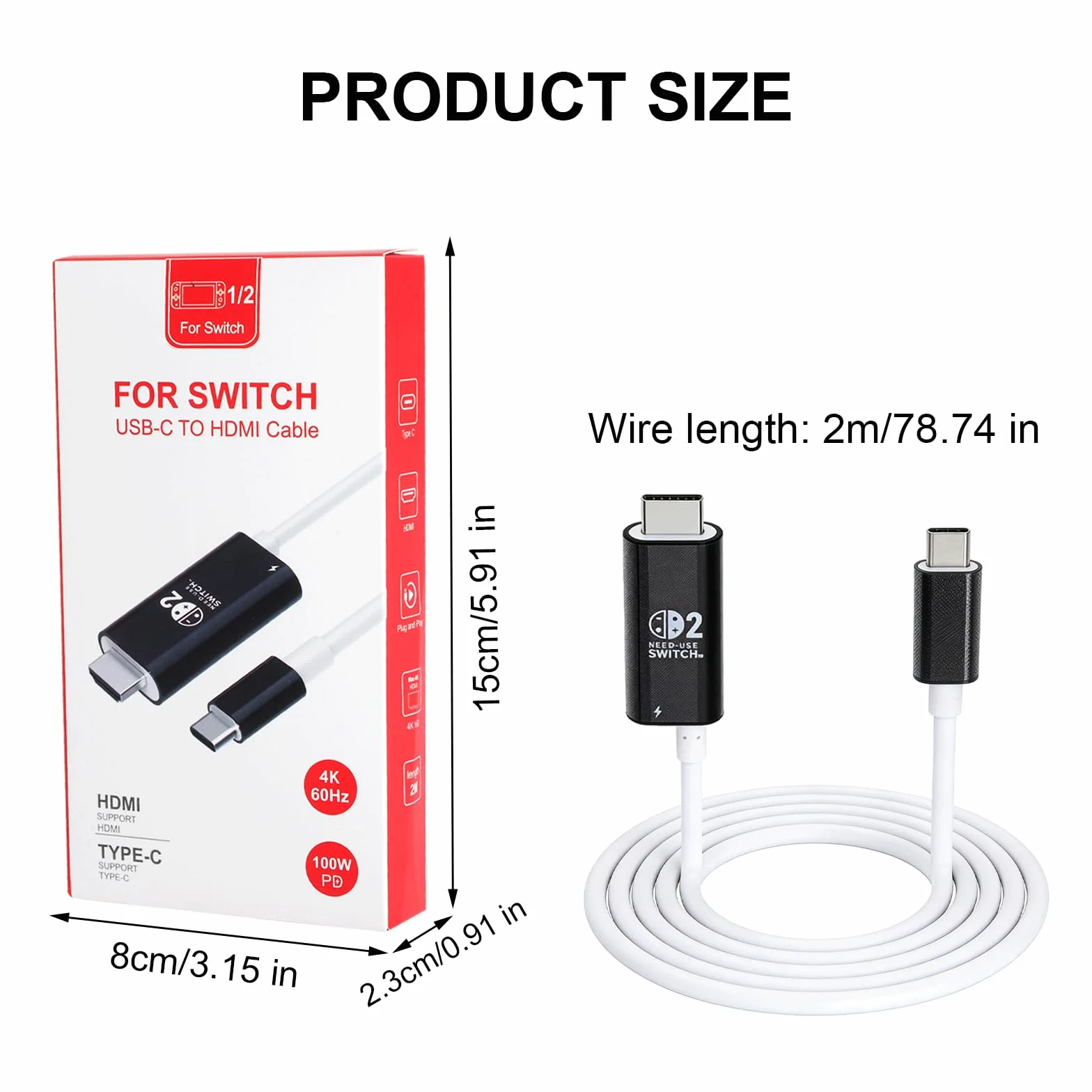 HENGBIRD Adapter USB C na HDMI 2 m, 4K@60Hz 100 W PD ładowanie, przenośna stacja dokująca, zamiennik do trybu TV Switch 2/1/OLED, kabel do gier Plug&Play do Switch, iPhone'a, Steam Deck, MacBook, iPad