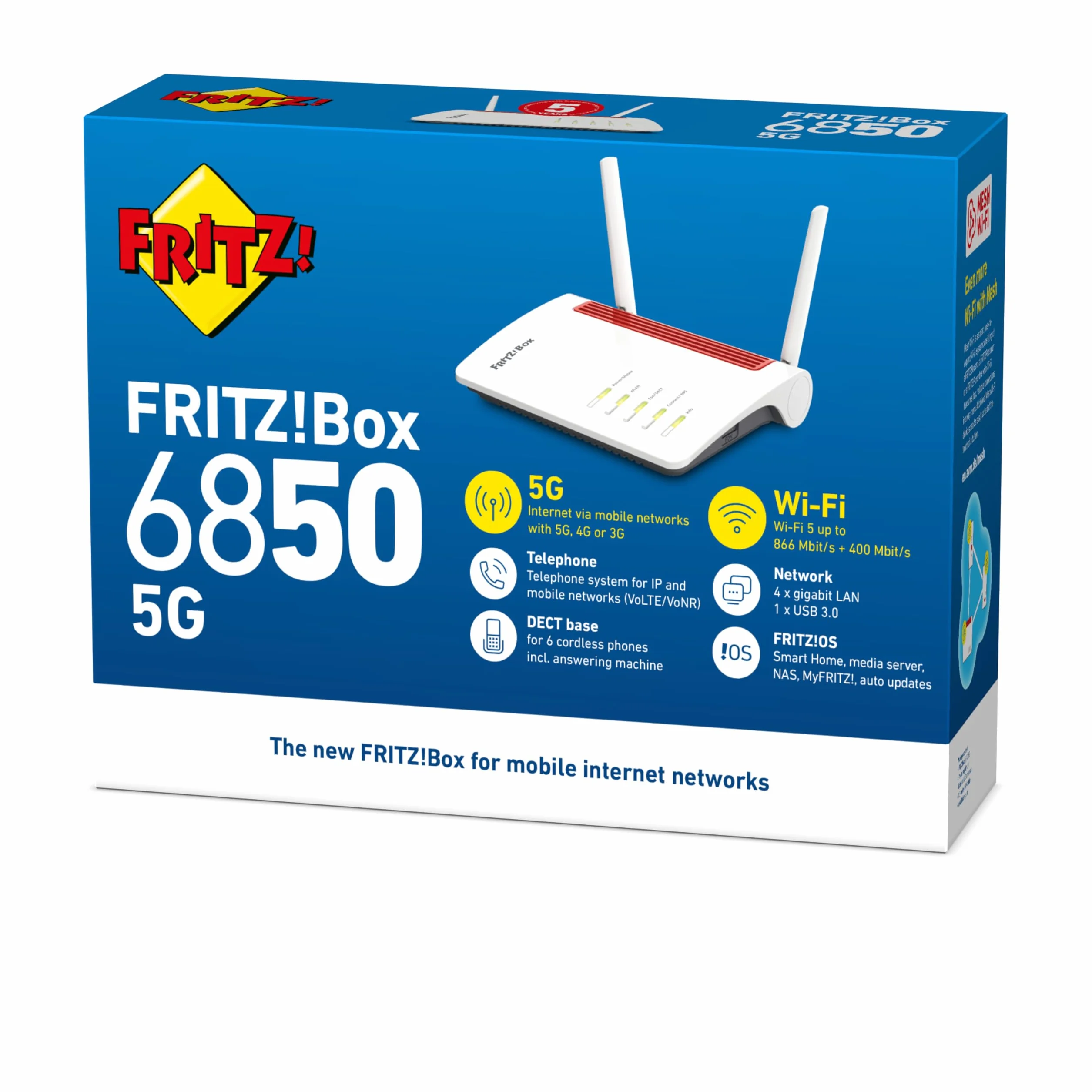 AVM FRITZ!Box 6850 5G międzynarodowy (internet komórkowy o prędkości do 1300 Mbit/s, Wi-Fi AC + N do 866 Mbit/s (5 GHz) oraz 400 Mbit/s (2,4 GHz), 4x Gigabit LAN, stacja bazowa DECT, USB 3.0)