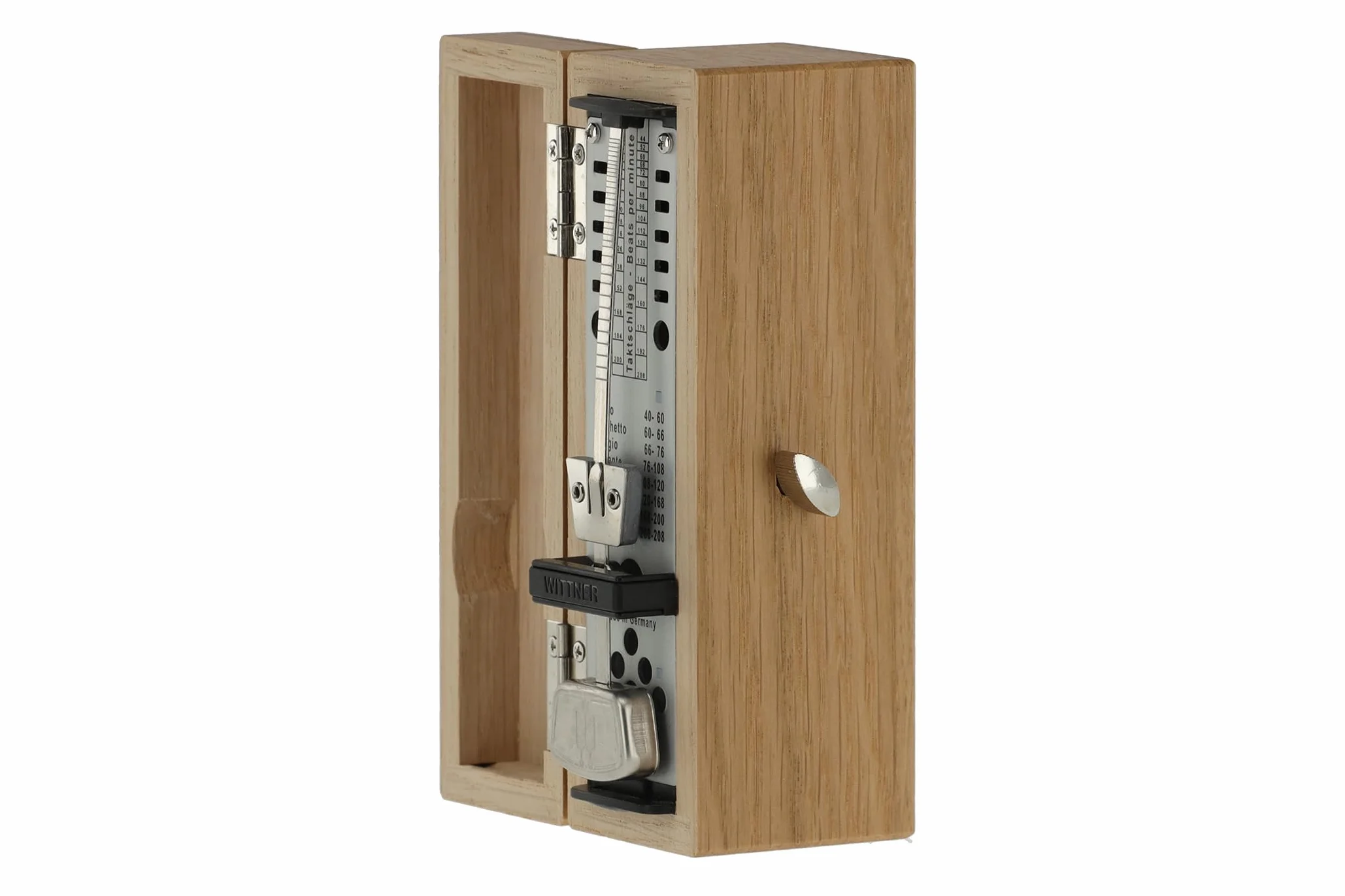 Metronom Wittner Super-Mini Seria 880.2 - Obudowa z drewna litego - Bez dzwonka - Kolor dębu matowego - Mechanizm nakręcany - Brak potrzeby używania baterii - Wyprodukowano w Niemczech