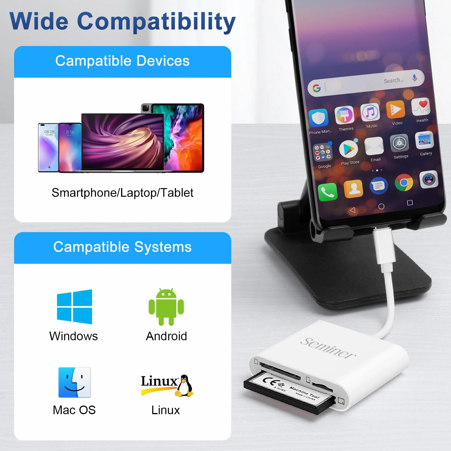 Czytnik kart SD, Seminer 3 w 1, adapter karty pamięci USB C, 5 Gb/s, odczyt zapisu dla SD SDXC SDHC CF CF CFI TF Micro SD Micro SDXC Micro SDHC dla Windows Linux Mac OS