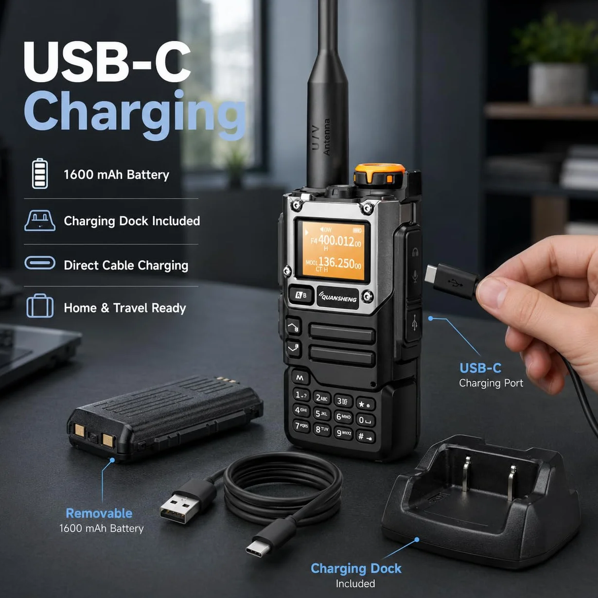 QUANSHENG UVK5(8) AM/FM/DTMF Walkie-Talkie 200 kanałów Type-C