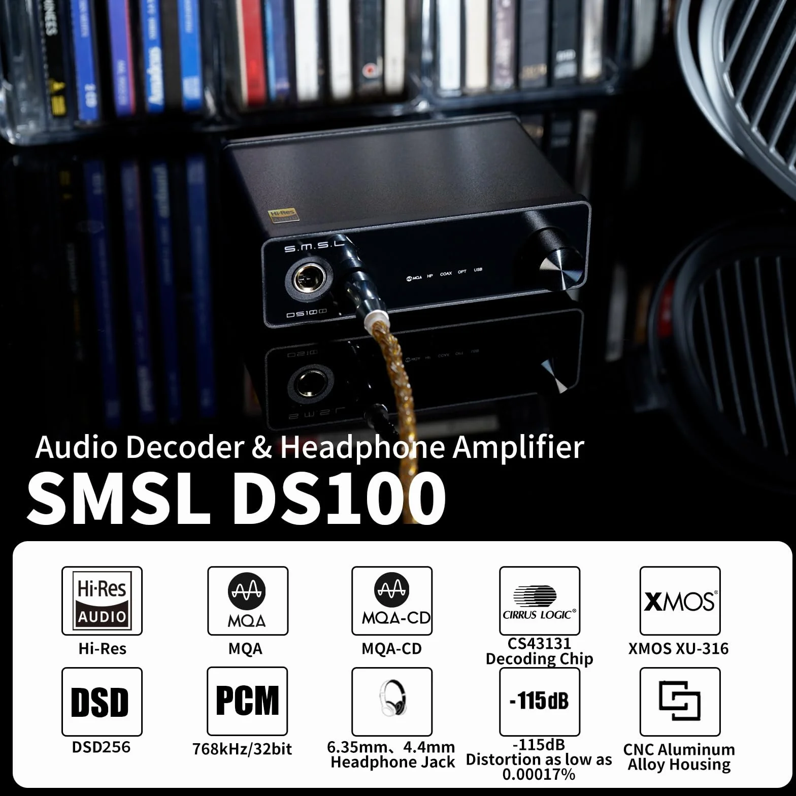 S.M.S.L DS100 USB MQA DAC z układem CS43131, wzmacniacz słuchawkowy 6,35 mm i 4,4 mm Obsługa MQA CD XMOS XU-316 32bit/768kHz DSD256 Wejście USB/optyczne/koncentryczne Mini DAC THD+N 0,00017%