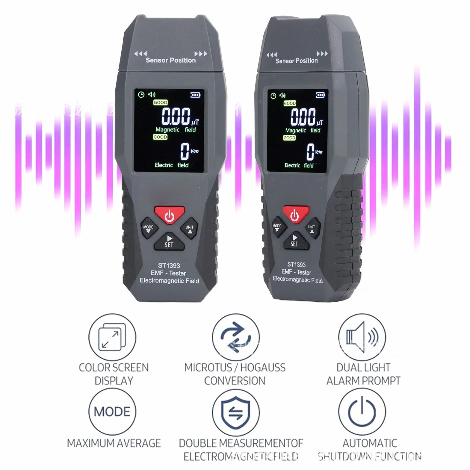 Miernik EMF, Podwójna detekcja Pola magnetyczne 20Hz-300Hz Czujka pochłaniania Podwójny dźwiękowy alarm wizualny Pole elektromagnetyczne Detektor promieniowania dla domu