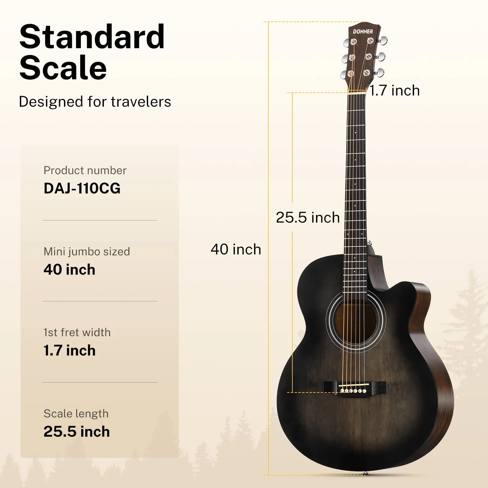 Donner Gitara akustyczna 4/4 dla początkujących, zestaw startowy, 102 cm, wycięcie z torbą na pickup, tuner, pasek kapodowy, mini jumbo, dla dorosłych, podróży, nastolatków, praworęcznych, czarna
