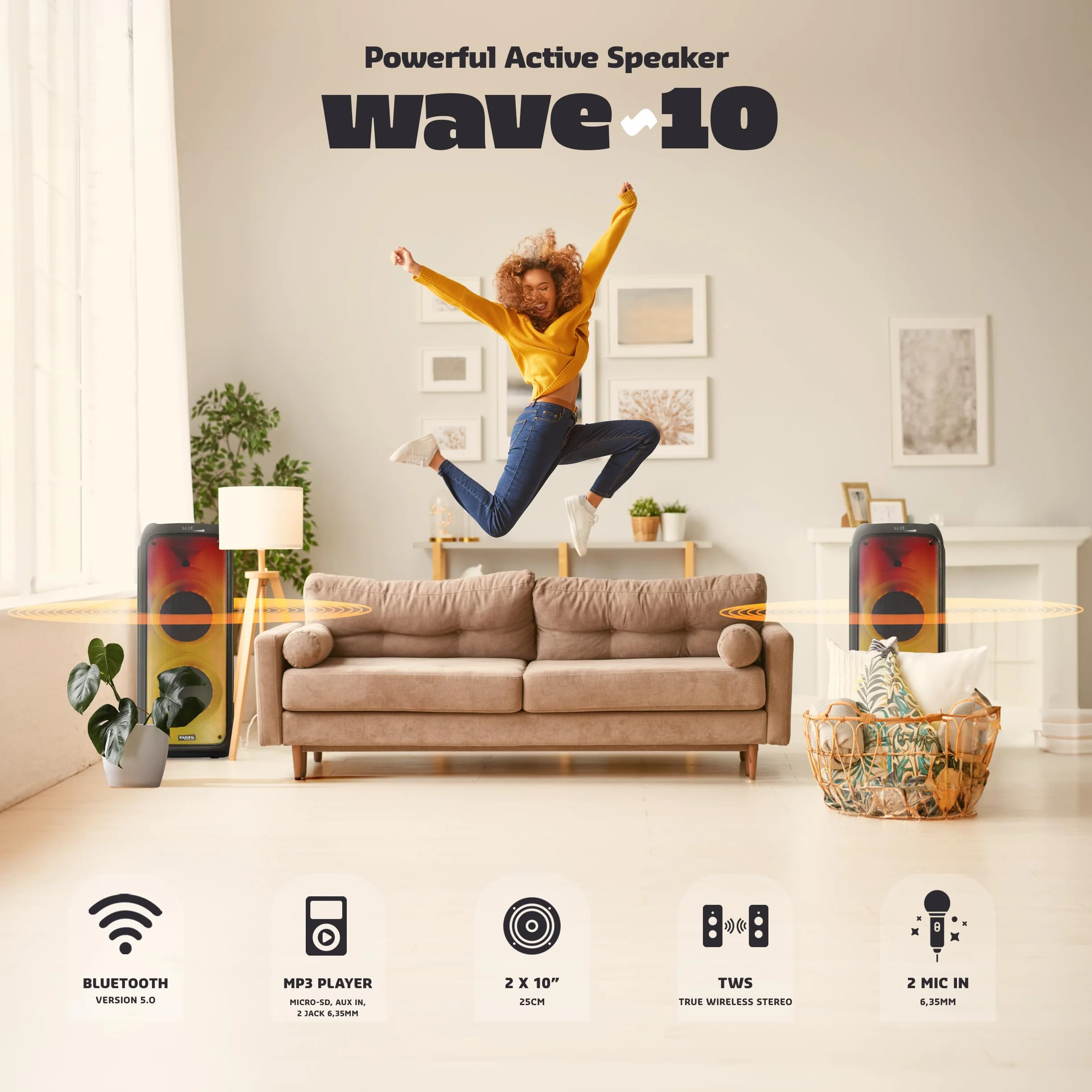 Ibiza WAVE10 System głośników 800W 2x10" Bluetooth USB microSD LED TWS Czarny