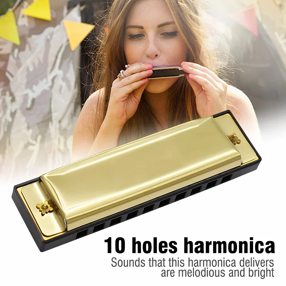 Alomejor Harmonijka 10 otworów 20 melodii profesjonalna metalowa harmonijka okrzemkowa dla początkujących harmonijka dla dzieci i dorosłych z twardą obudową