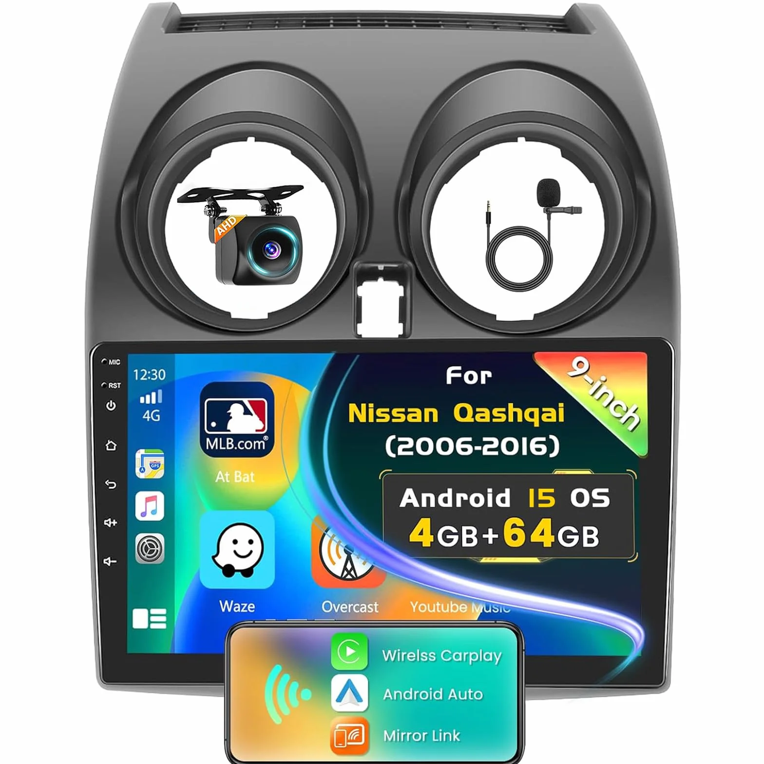 Inefala 4G+64G Android 15 Car Stereo do Nissana Qashqai 2006-2016 z bezprzewodową funkcją CarPlay Android Auto, 9-calowym ekranem dotykowym, Bluetooth Car Stereo z GPS WiFi DSP RDS MIC Tylna kamera