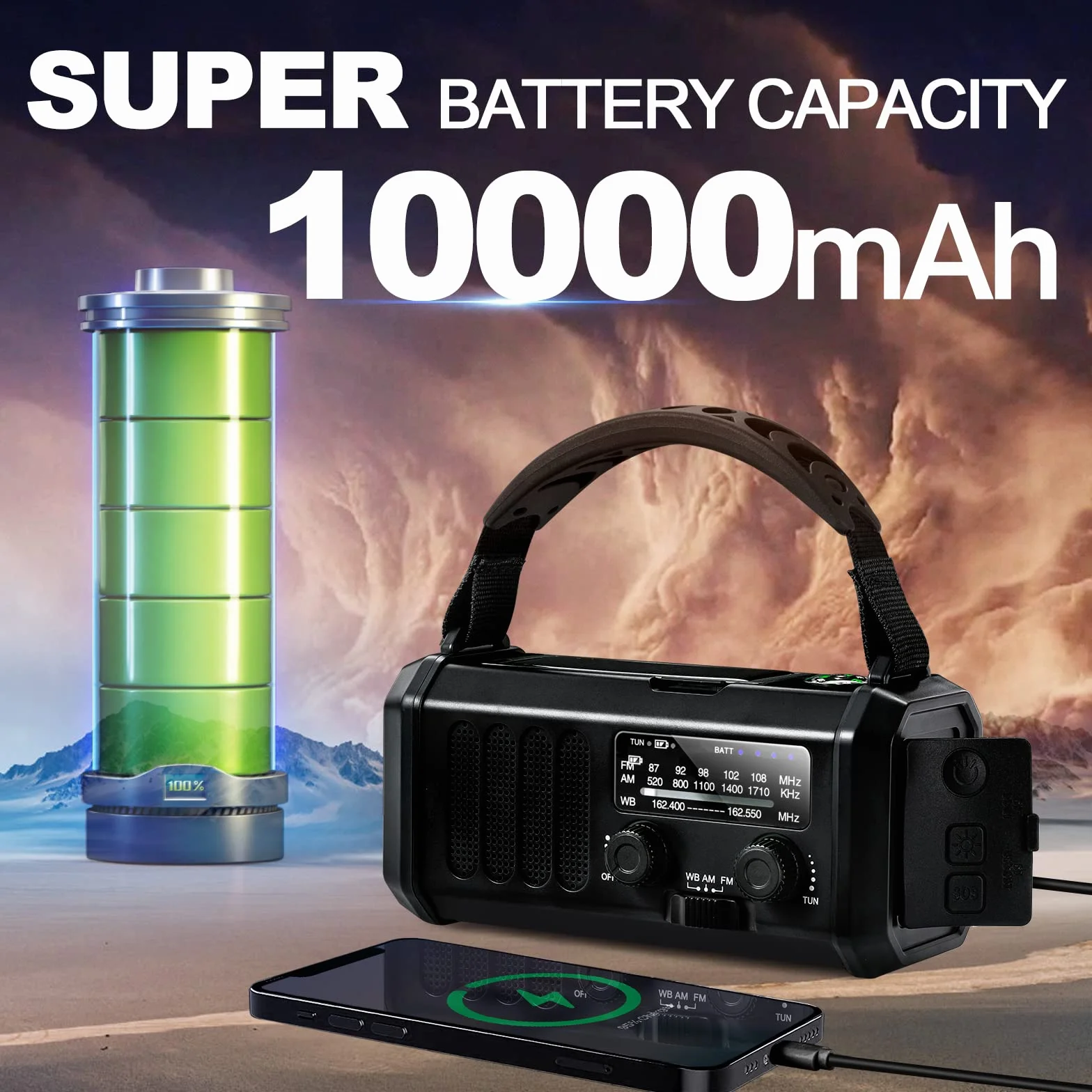 Awaryjne radio pogodowe 10 000 mAh, przenośne radio survivalowe FM/AM/NOAA zasilane bateryjnie i power bank, ładowarka solarna/korba/typ C, latarka, lampka do czytania, kompas,