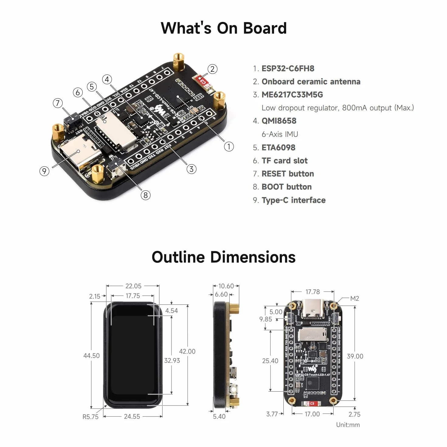 Waveshare ESP32-C6 1.47inch Touch Display Development Board(without pinheader), 172x320 Resolution, 262K Display Color, Supports Wi-Fi 6 / BLE 5, 160MHz RISC-V Processor