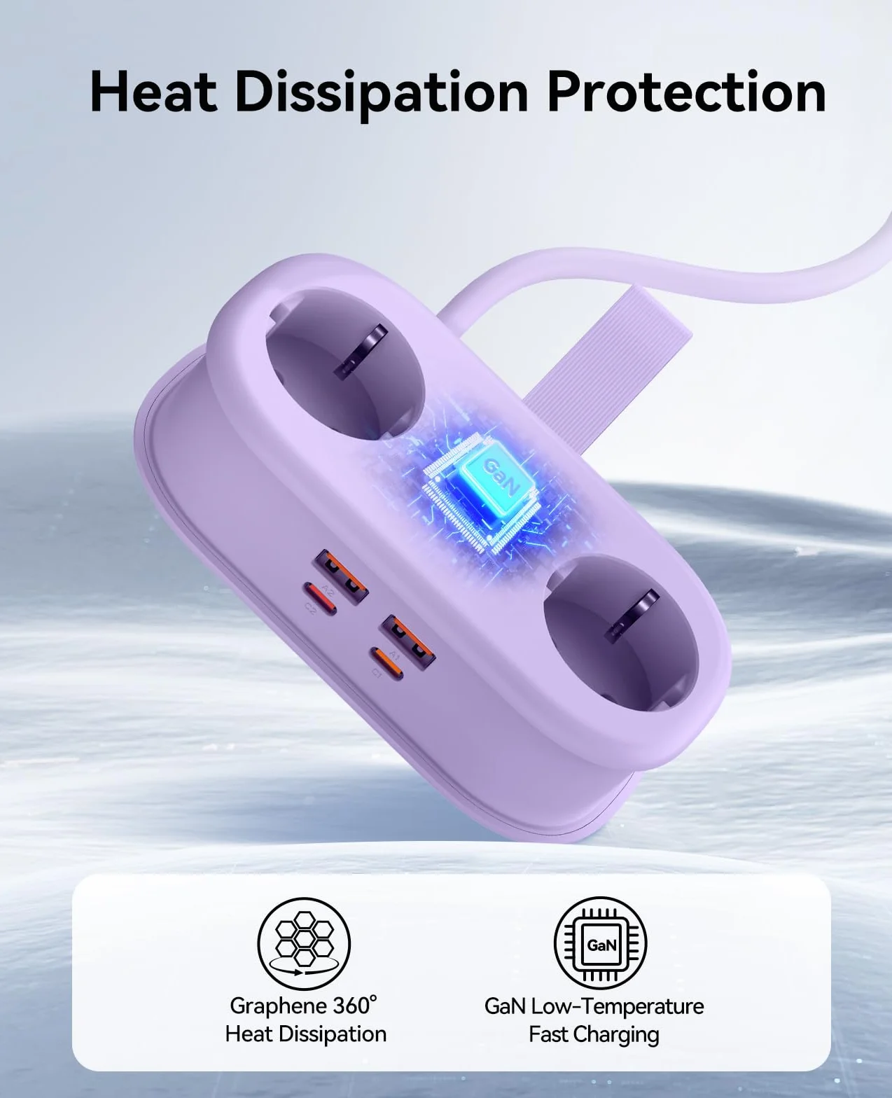 ORICO GaN listwa zasilająca 65 W z USB C, 6 w 1, listwa zasilająca do szybkiego ładowania z 4 USB, przedłużacz o długości 1,6 m, do MacBooka, iPada, telefonu komórkowego, podróży – AP3, fioletowy