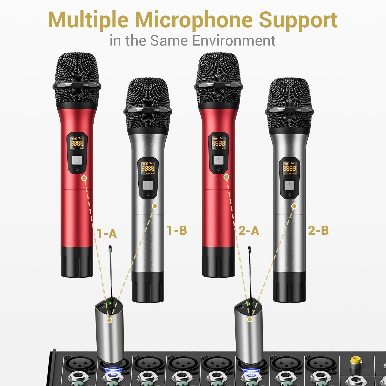 TONOR Mikrofon Bezprzewodowy, Podwójny Metalowy Mikrofon Dynamiczny UHF z Ladowalnym Odbiornikiem, do Spiewania Karaoke, Domowego KTV, Wesela, DJ-a, Imprezy, 60 m (TW630), Srebrny-Czerwony