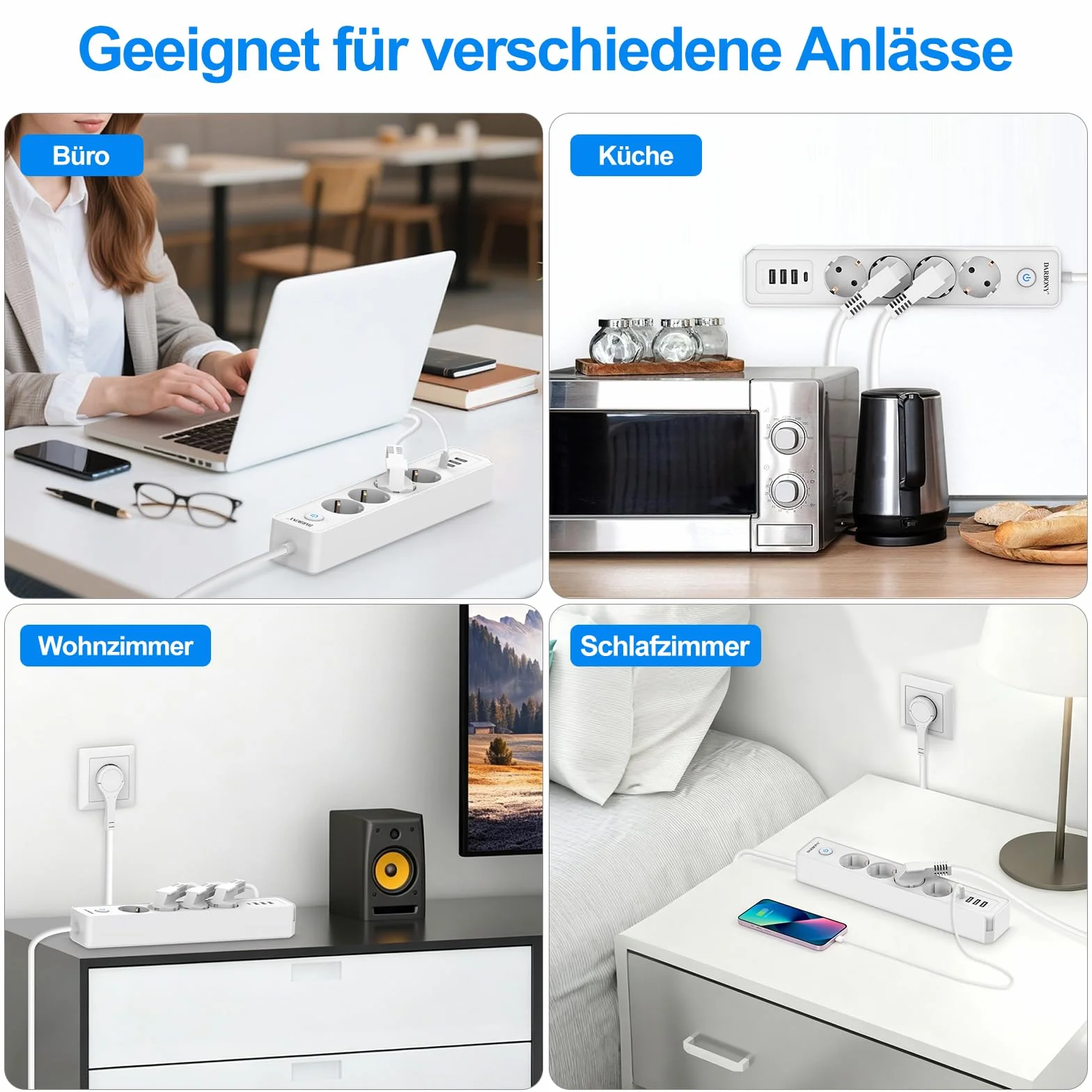 Darbony Listwa zasilająca z 4 gniazdami USB, z przełącznikiem, 4-krotna, ochrona przed przepięciem, 3680 W, 16 A, z gniazdem rozdzielającym USB C, do biura, odtwarzacz CD, kabel 1,8 m, biała