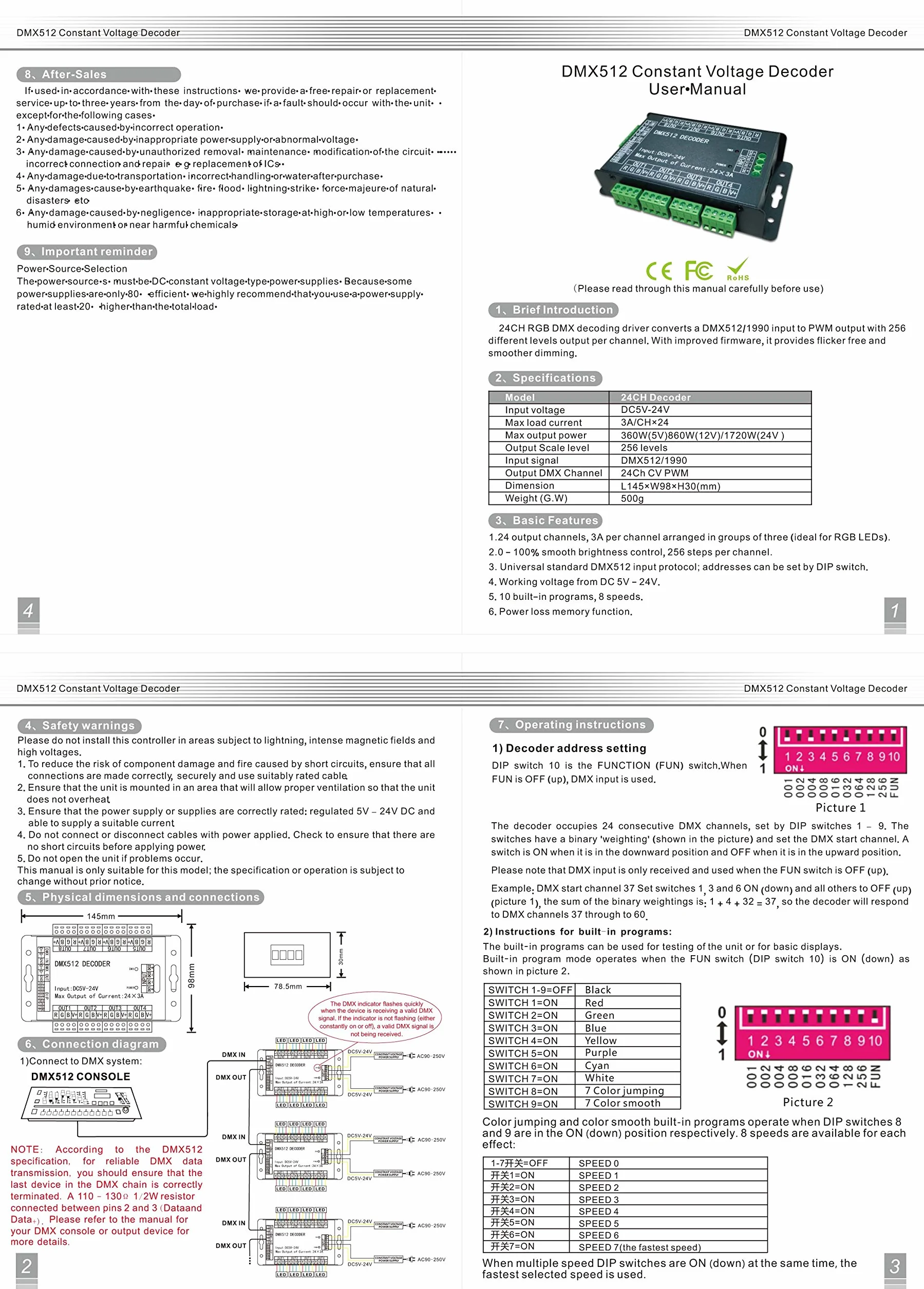 Wysoka moc 24-kanałowy kontroler RGB 3A/CH DMX512 Led dekoder ściemniacz 500Hz bez migotania płynniejsze ściemnianie wskaźnik sygnału DMX funkcja migania DC 5V-24V
