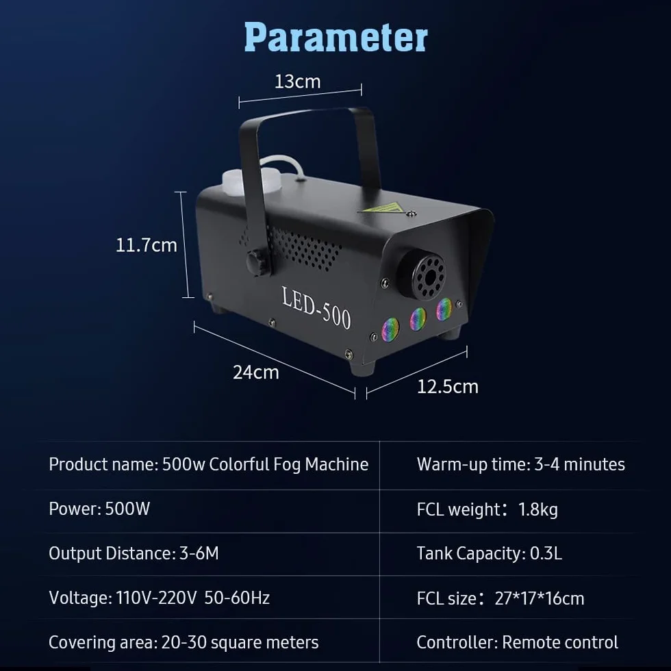 Maszyna do wytwarzania mgły 500 W, mini maszyna do palenia z pilotem zdalnego sterowania i efektem świetlnym RGB, przenośna maszyna do mgły, na Halloween, Boże Narodzenie, wesele, imprezę DJ (blaka)