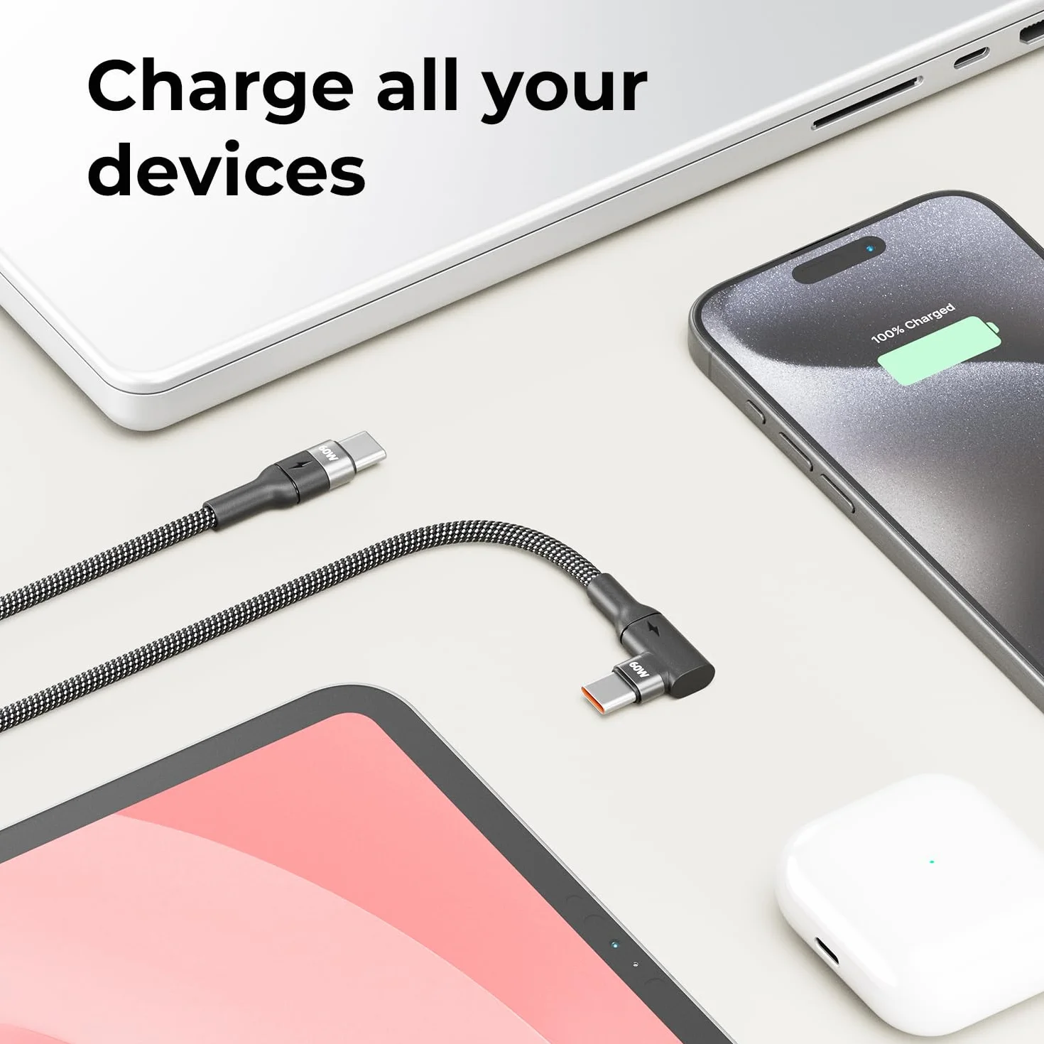 deleyCON 0,15m USB C Kabel Krótki Kątowy 90° (60W Kabel Szybkiego ładowania) USB-C na USB-C - Kabel do iPhone 17 16 15 Galaxy A16 A56 S25 S24 S23 Pixel iPad MacBook AirPods Tablet Carplay