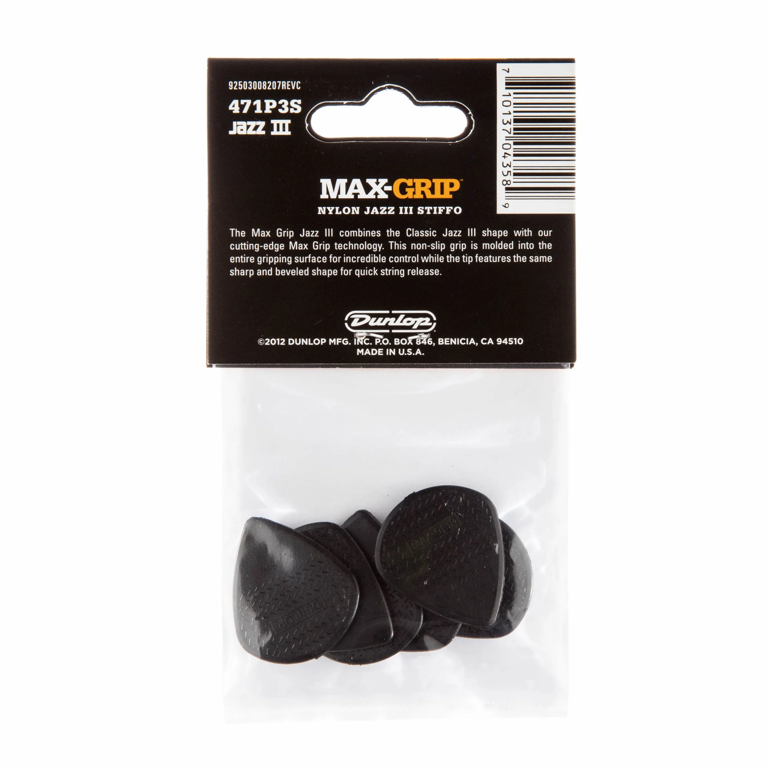 Jim Dunlop 471P3S Jz-6 Nylonowa kostka gitarowa Max Grip w pakiecie gracza, czarna