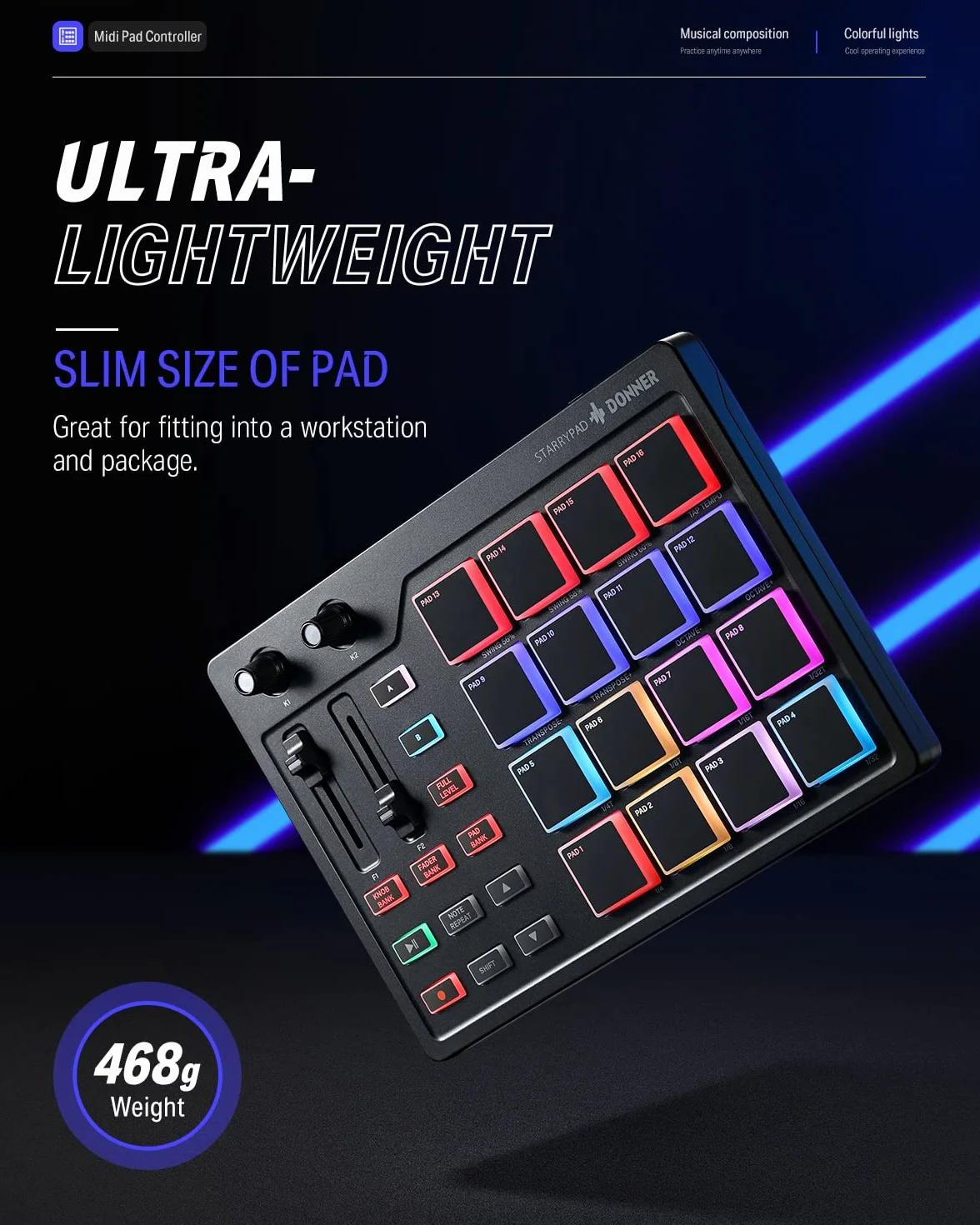 Donner Klawiatura kontrolera MIDI Pad USB typu C, profesjonalna bateria z 16 buforami, wyjście MIDI, 2 suwaki i przypisywalne przyciski (Starrypad Mini, czarny)