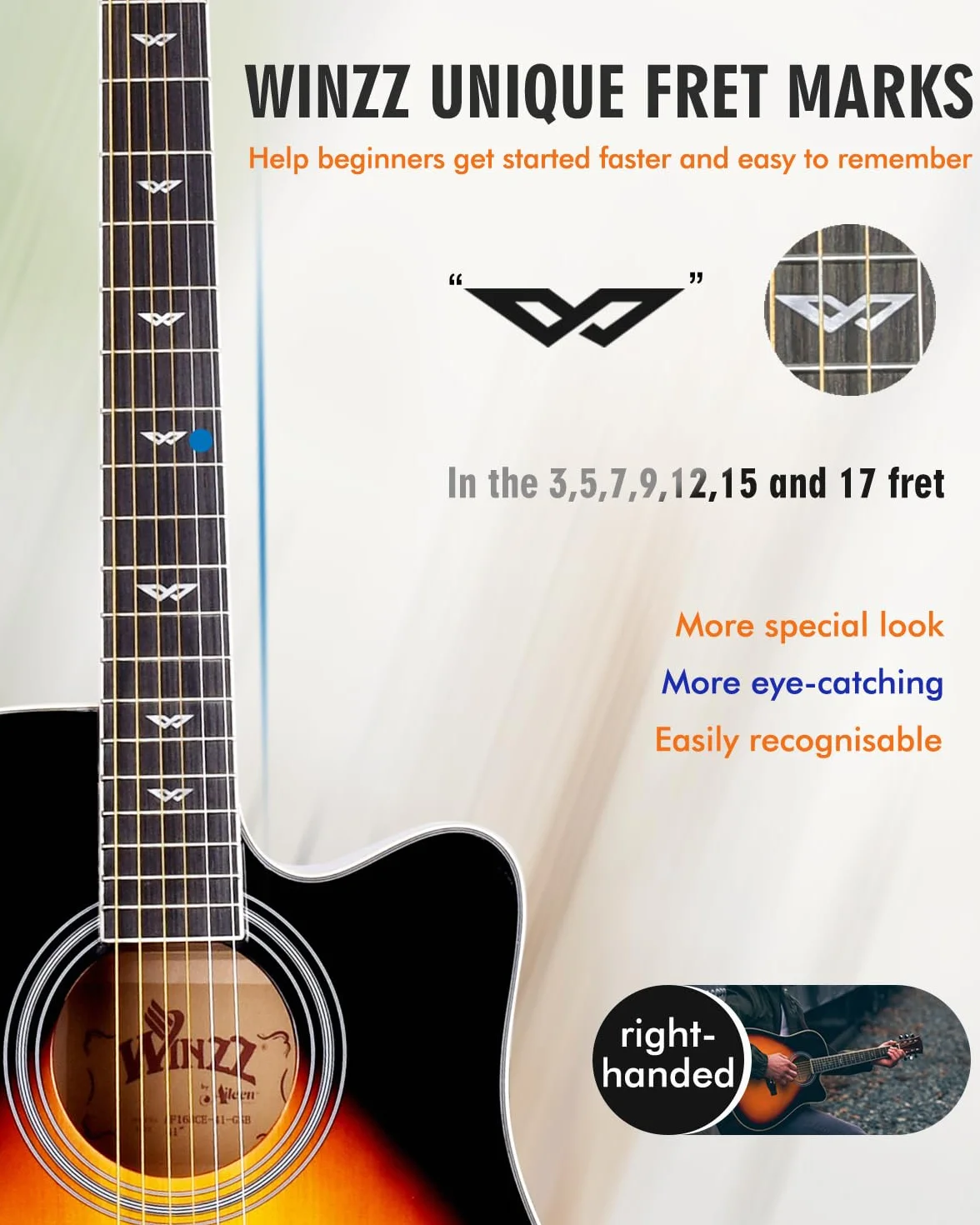 Winzz Elektryczna gitara akustyczna 4/4, zestaw do gitary westernowej, dla początkujących, gitara akustyczna, 41", z 4-pasmowym korektorem (Dreadnought, błyszcząca)