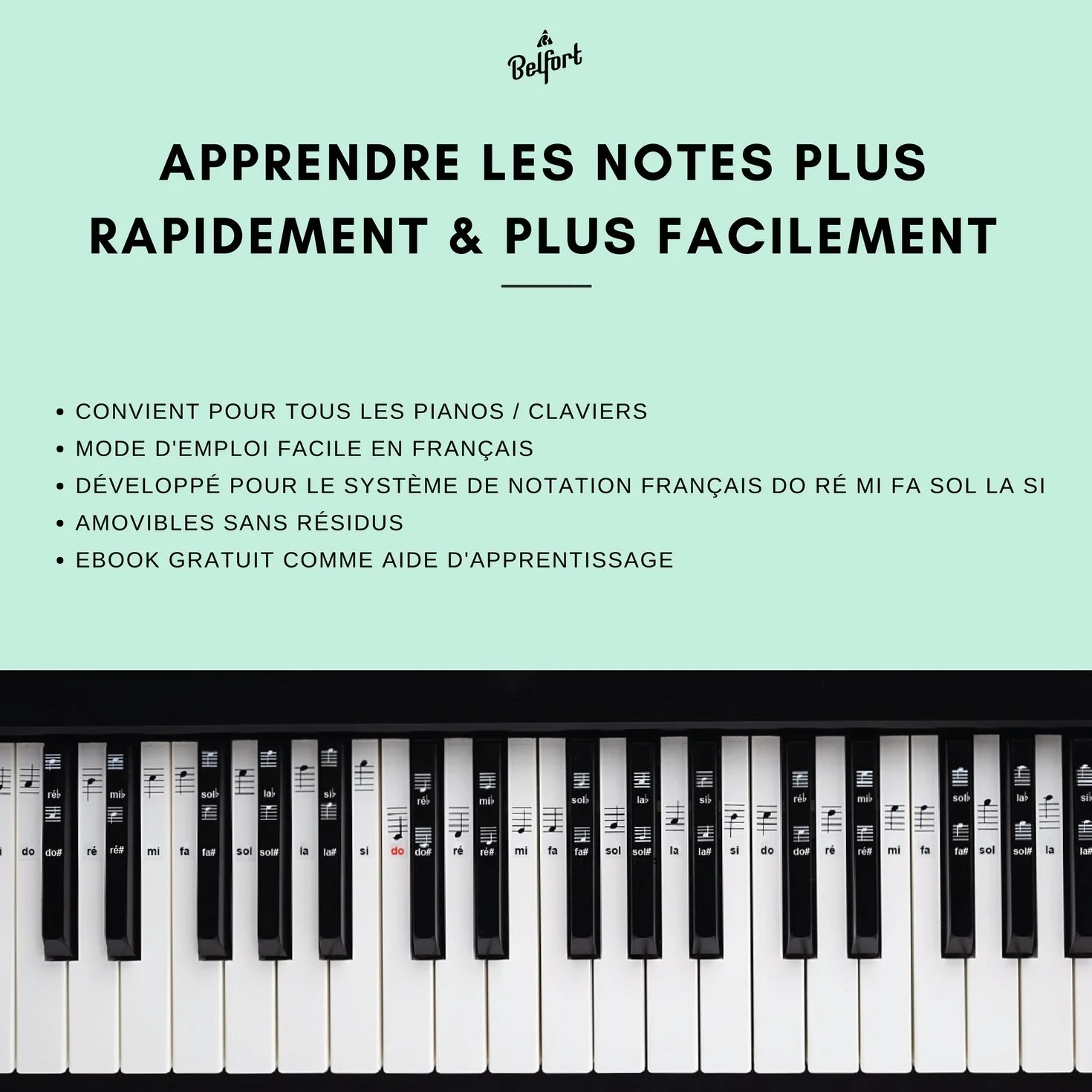 Belfort Autocollants pour Notes de Piano 49-88 Touches