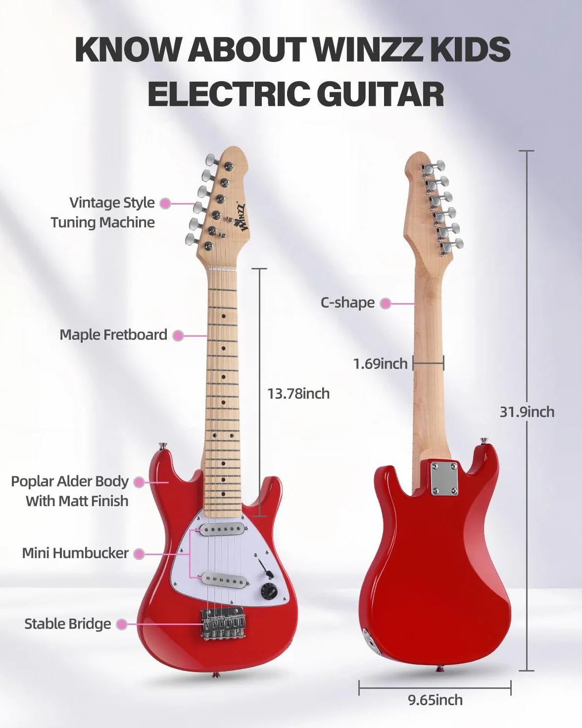 Winzz Zestaw gitarowy dla dzieci 30-calowy, mini gitara elektryczna juniorska (rozmiar 1/4) dla dzieci, kompletny zestaw dla początkujących z wzmacniaczem, połyskujący kolor czerwony