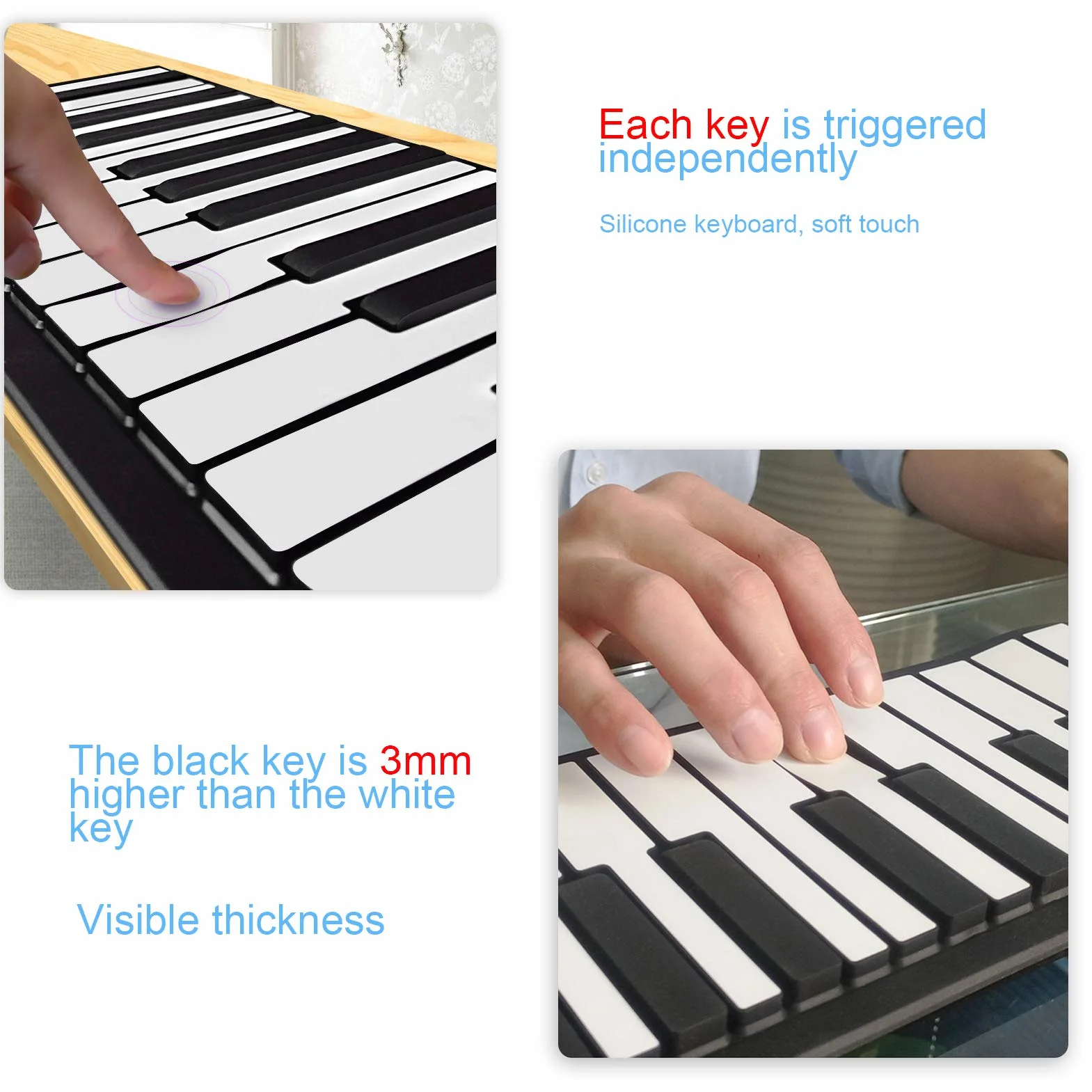 49 Key Hand-Rolled Piano Tragbare wiederaufladbare flexible elektronische Roll-Up-Tastatur mit Klavieraufklebern