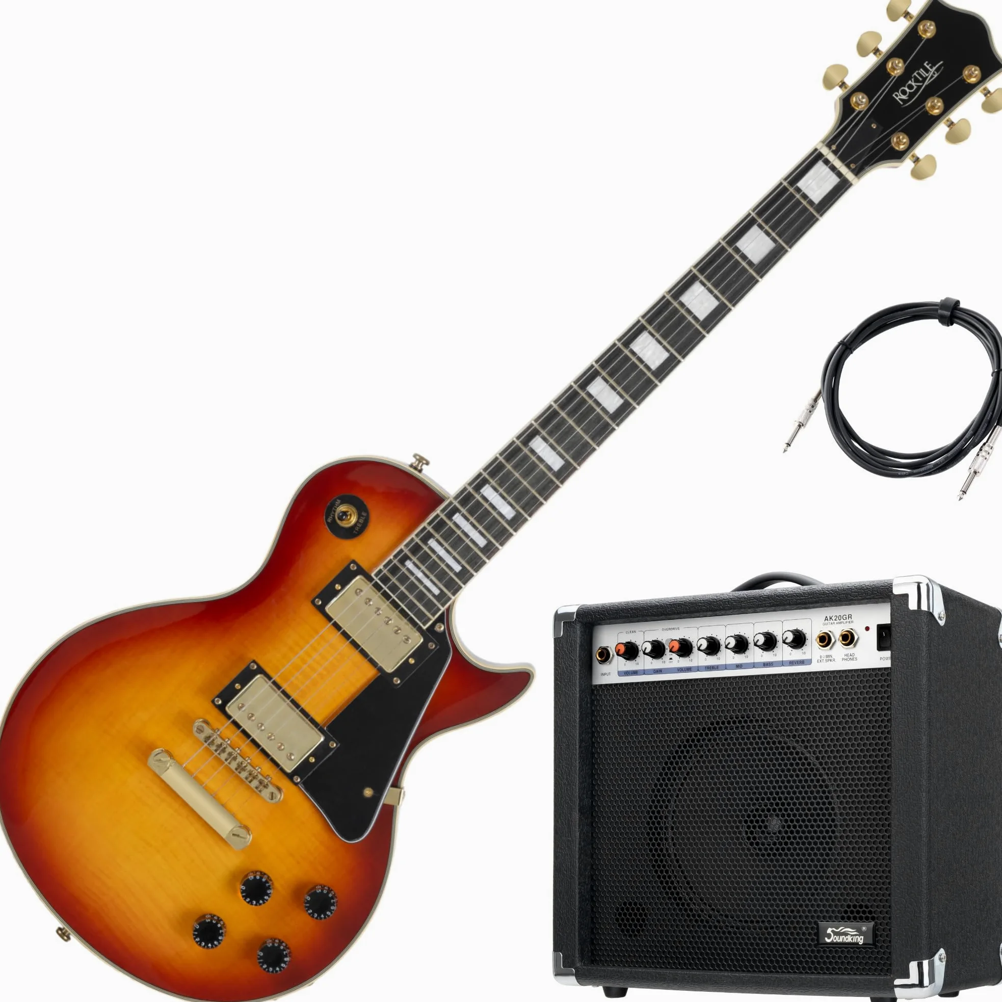 Rocktile Pro L-200OHB gitara elektryczna – Single Cut in Orange Honey Burst z humbuckerem, korpusem mahoniowym i wzmacniaczem 60 W AK20GR – dla początkujących i zaawansowanych – kompletny zestaw z