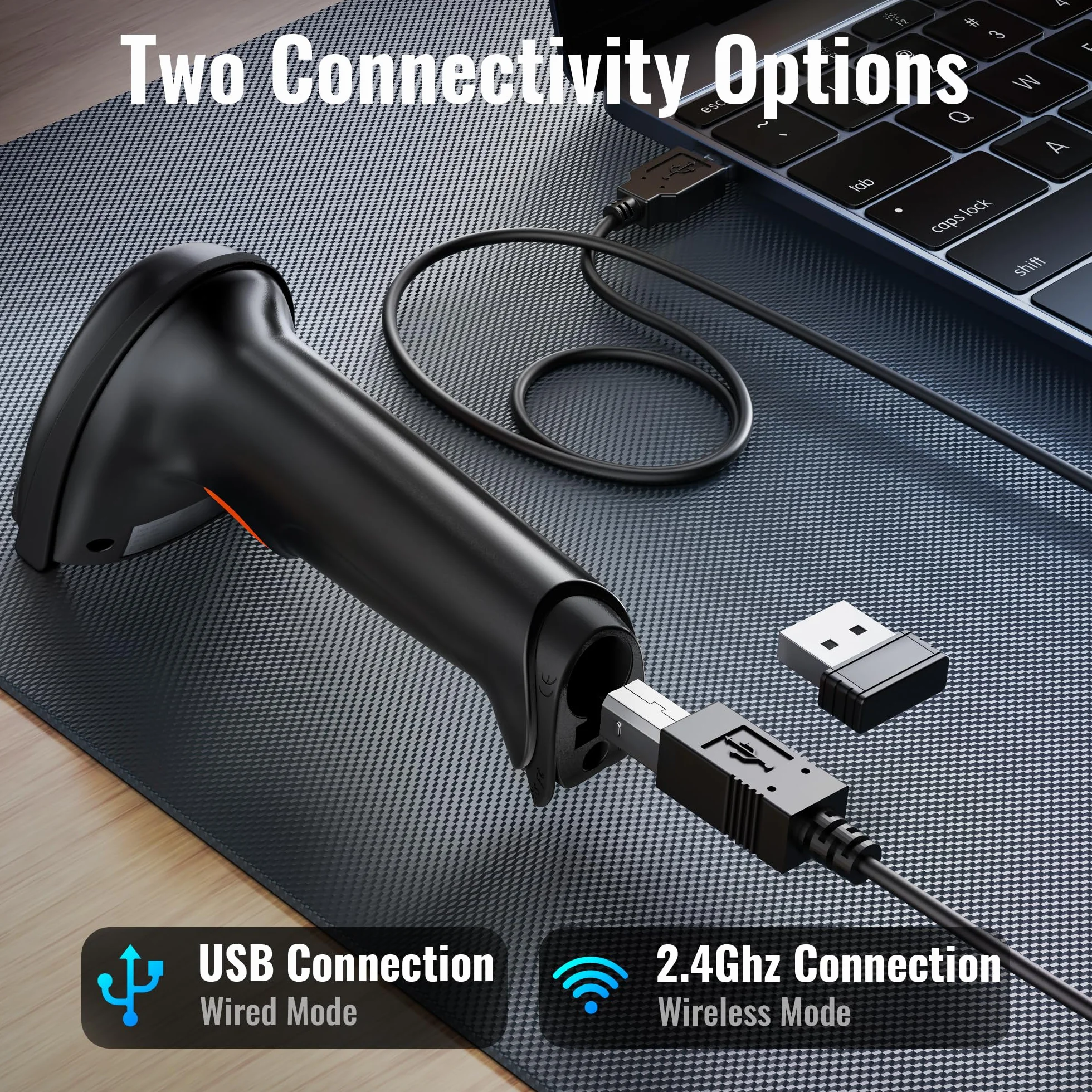 Tera Skaner kodów kreskowych 1D, 2D, QR, bezprzewodowy, 2,4 GHz + przewodowy USB 2.0, przewodowy, ręczny skaner kodów kreskowych, rozdzielczość 5 mil, zasięg 100 m, obsługuje skanowanie ekranu, D5100