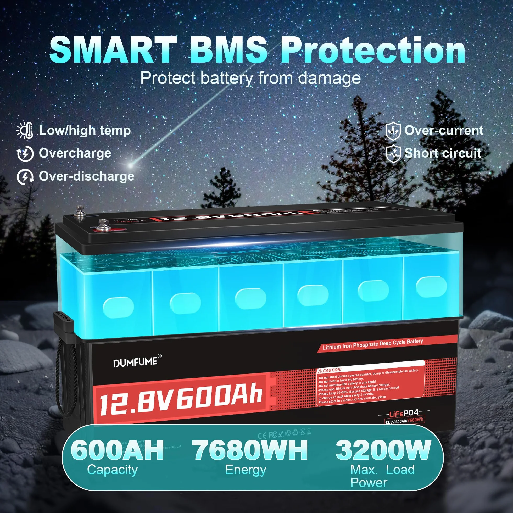 12V 600Ah Bateria LiFePO4, Wbudowany BMS 200A, Ochrona przed Niską Temperaturą, 6000+ Głębokich Cykli, 7200Wh Akumulator dla Kampera, Instalacji Solarnej, Off Grid, Domowego Magazynu Energii