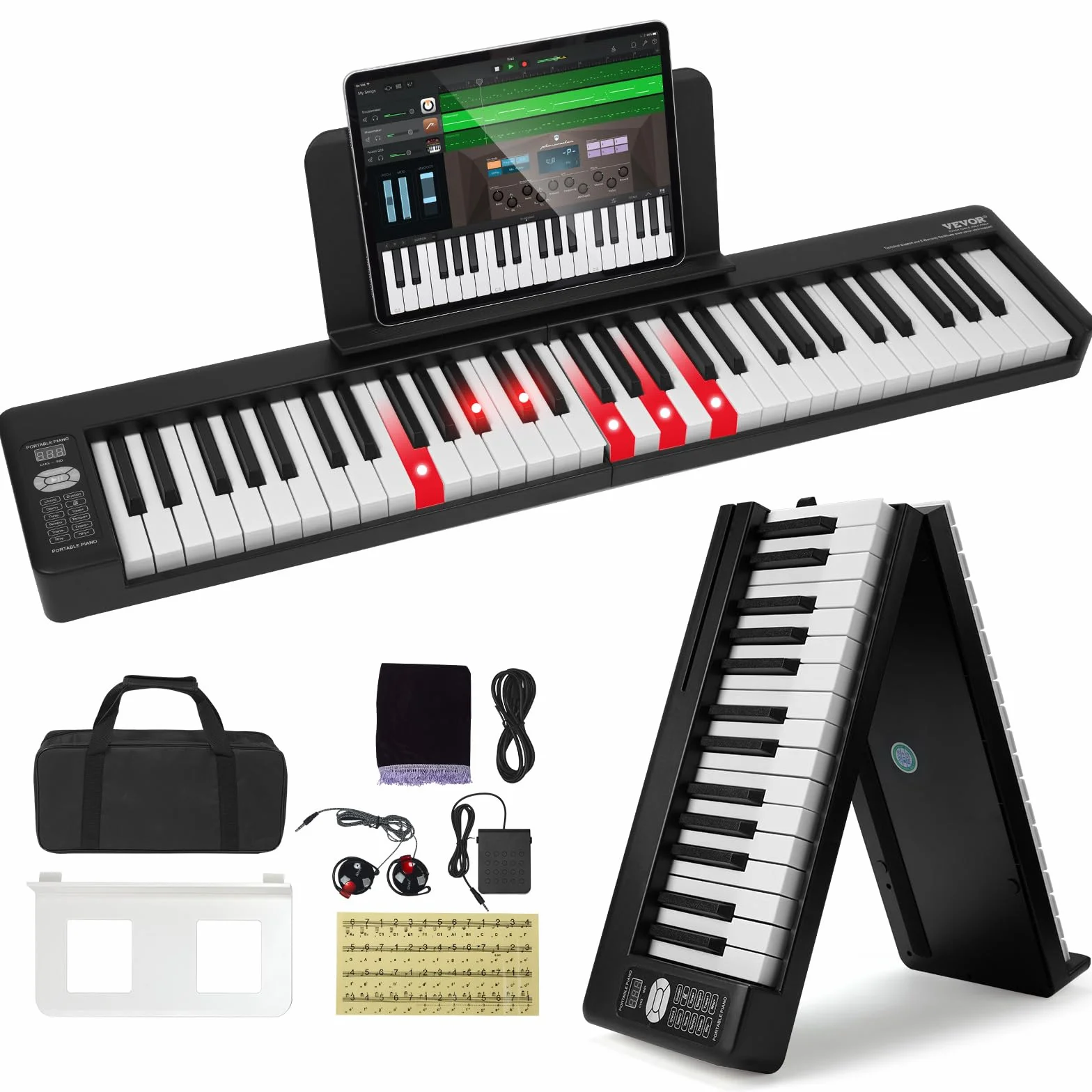 VEVOR Składane pianino 61 klawiszy, Bluetooth MIDI, przenośne składane elektroniczne pianino cyfrowe z pedałem, podświetlane klawisze dotykowe, torba, akumulator, składany fortepian
