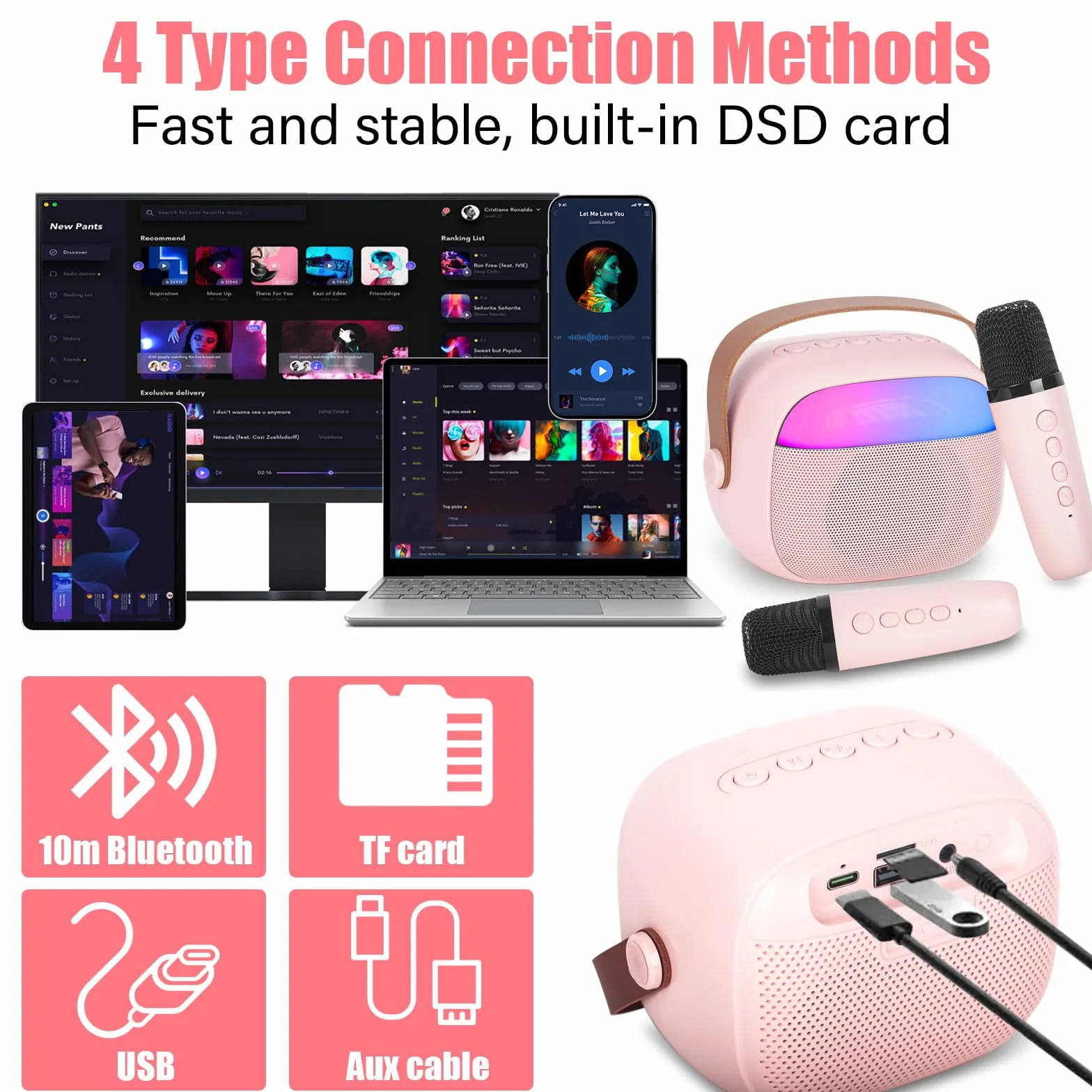 Karaoke dla dzieci i dorosłych z 2 mikrofonami bezprzewodowymi Bluetooth, przenośna maszyna do karaoke ze światłem LED i efektami zmiany głosu, prezenty dla dzieci w wieku od 3 do 18 lat, chłopców i