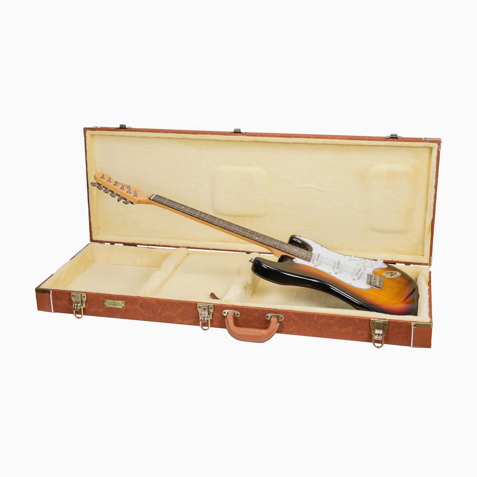 Crossrock Prostokątne etui na gitarę elektryczną z serii Relief do Stratocaster i Telecaster, rzeźbione wykończenie z czerwonego drewna, kość słoniowa, pluszowe wnętrze, zamek, drewniana twarda