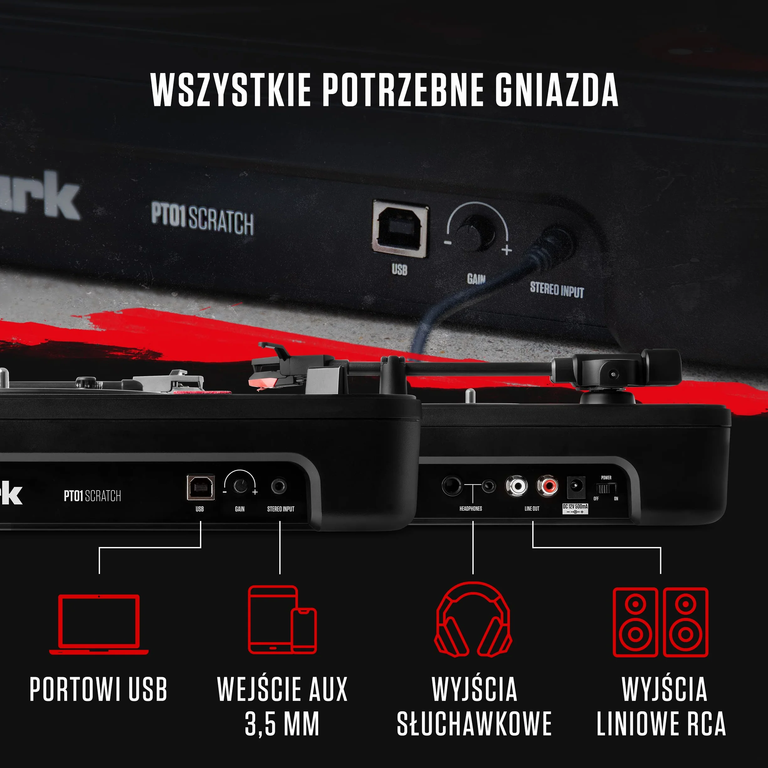 Numark PT01 Przenośny gramofon z przełącznikiem scratch i futerałem transportowym