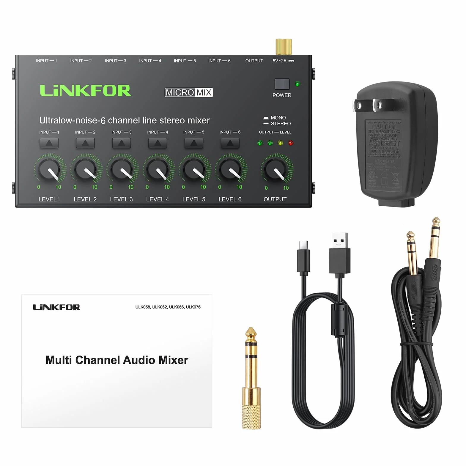 LiNKFOR 6-kanałowy mini mikser audio stereo przełącznik stereo / monofoniczny mikser audio 6 x 1 z kablem audio 6,35 mm, niezależna regulacja głośności do miksowania w klubie barowym