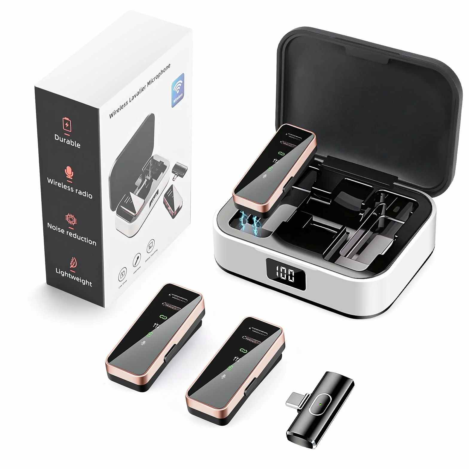 Weinsamkeit Bezprzewodowy mikrofon Lavalier z wyświetlaczem LED i ładowarką, mini do iPhone/iPada/Type-C Android/PC, 2,4 GHz Auto Sync, mikrofon do vloga, YouTube, wywiadu