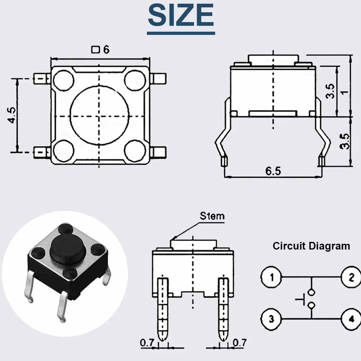 4-pinowy przełącznik taktowy, mikroprzełącznik o wymiarach 6 x 6 x 4,3 mm, chwilowy do paneli i płyt PCB (100 sztuk)
