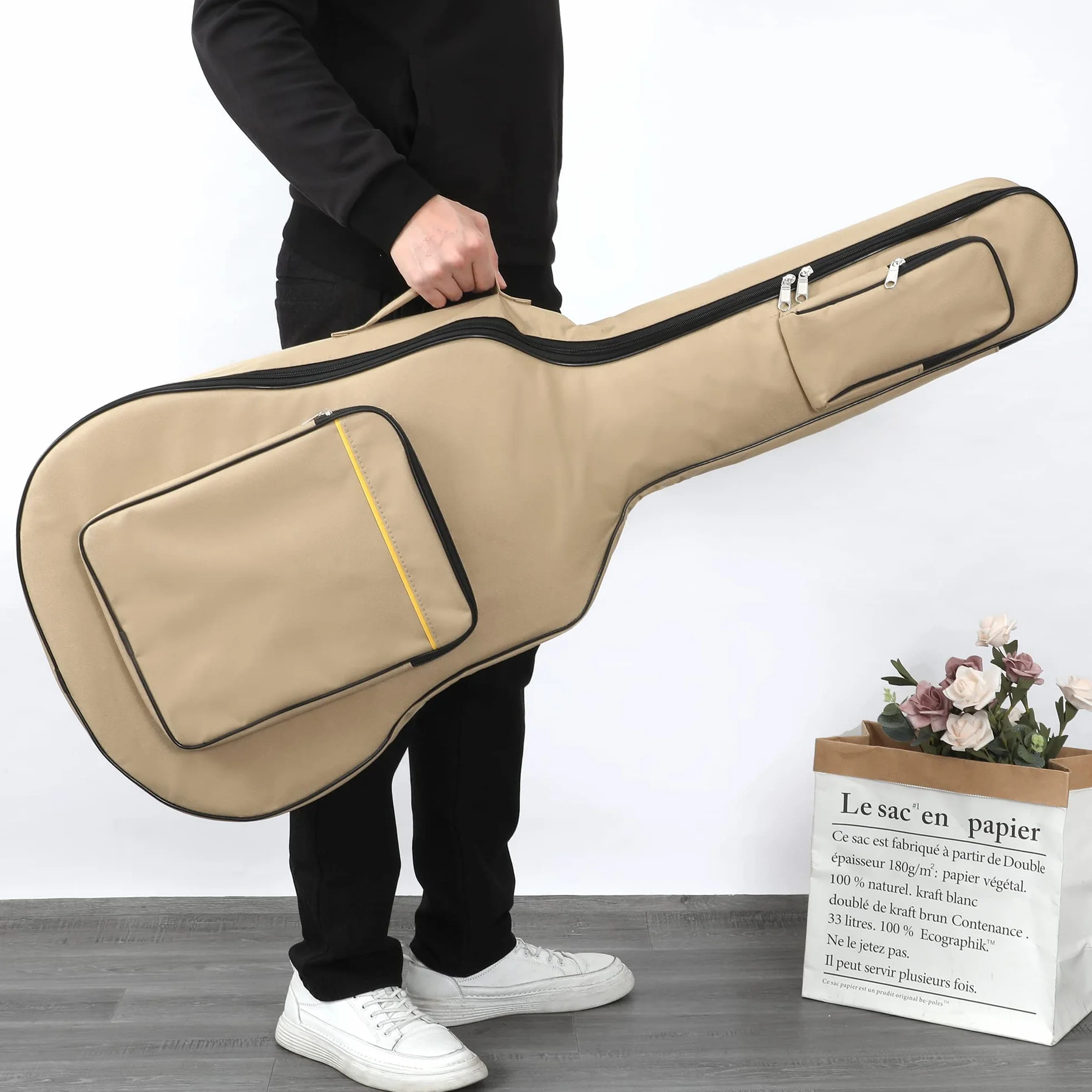 TRIXES Torba na gitarę z ramiączkami, wodoodporna, wyściełana obudowa, basowa, akustyczna i klasyczna torba na gitarę, idealna do podróży, Beżowy, Klasyczny