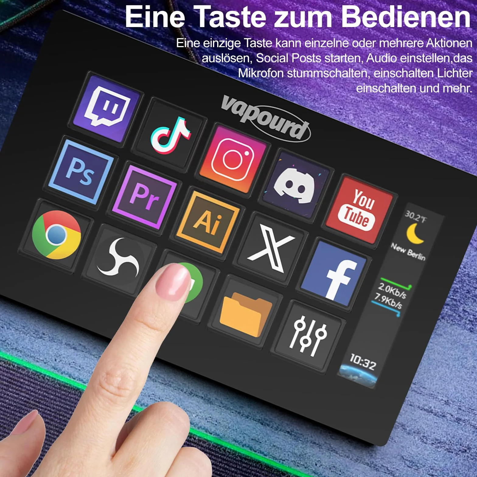 Stream Controller Deck, Studio Controller, 15 regulowanych przycisków LCD, kompaktowy panel kontrolny, wyzwalacz akcji w aplikacjach i oprogramowaniu, takich jak OBS, Twitch, YouTube, kompatybilny z