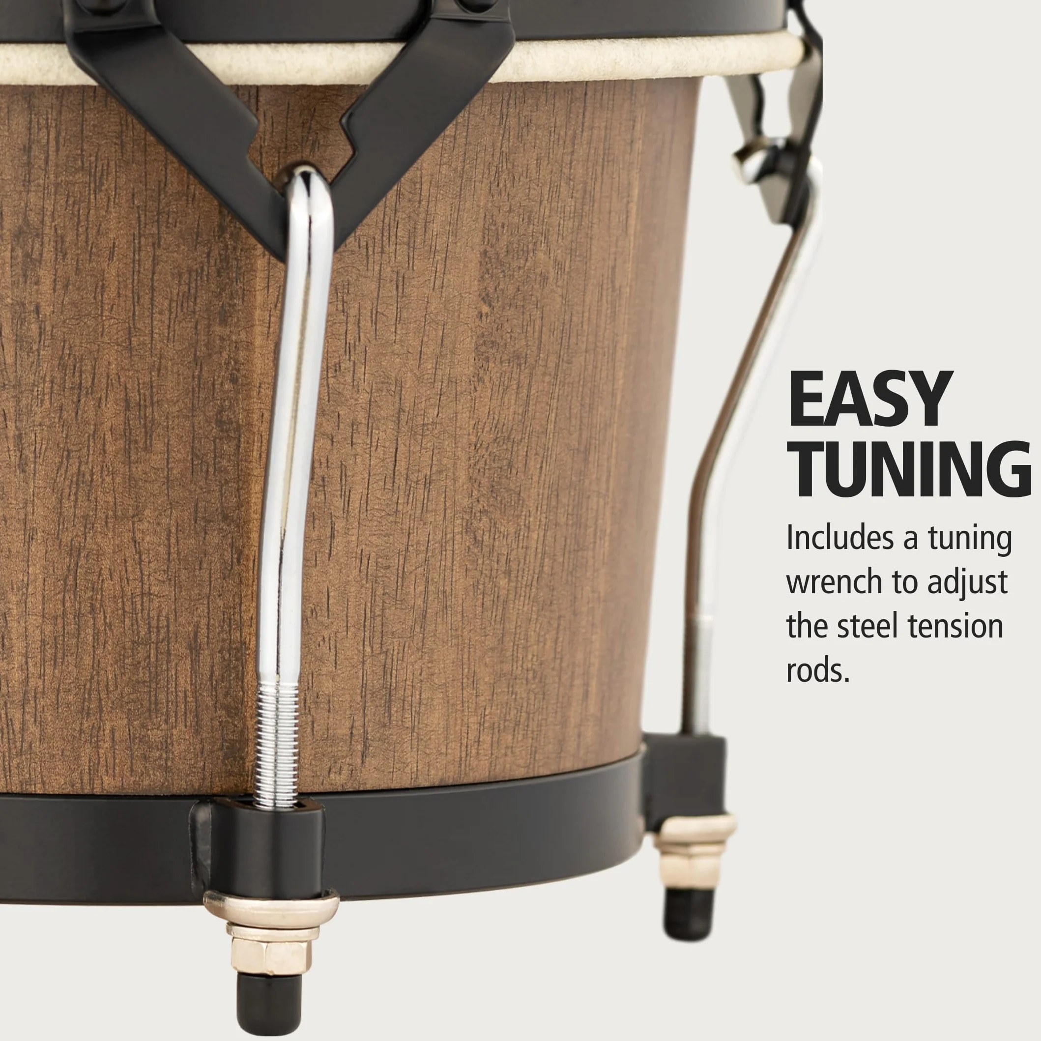 Meinl Percussion Bongos Headliner Wood – 2 Bongosy 6,75 i 8 cali – W Zestawie Klucz do Strojenia – Siam Oak, Kolor Brązowy (HTB100WB-M)