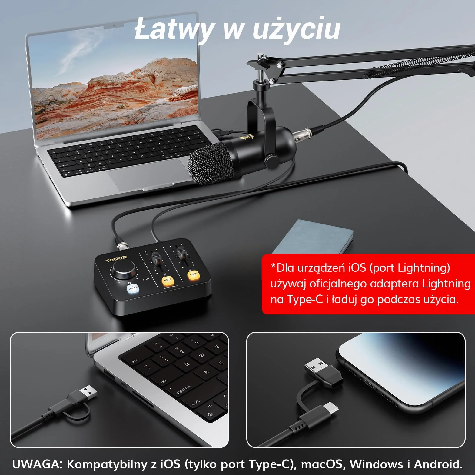 Zestaw mikrofonów TONOR do podcastów z interfejsem audio i uchwytem mikrofonowym, mikrofon XLR, mikrofony kondensatorowe, mikser audio, regulator głośności, 3D dźwięk stereo, do nagrań, podcastów